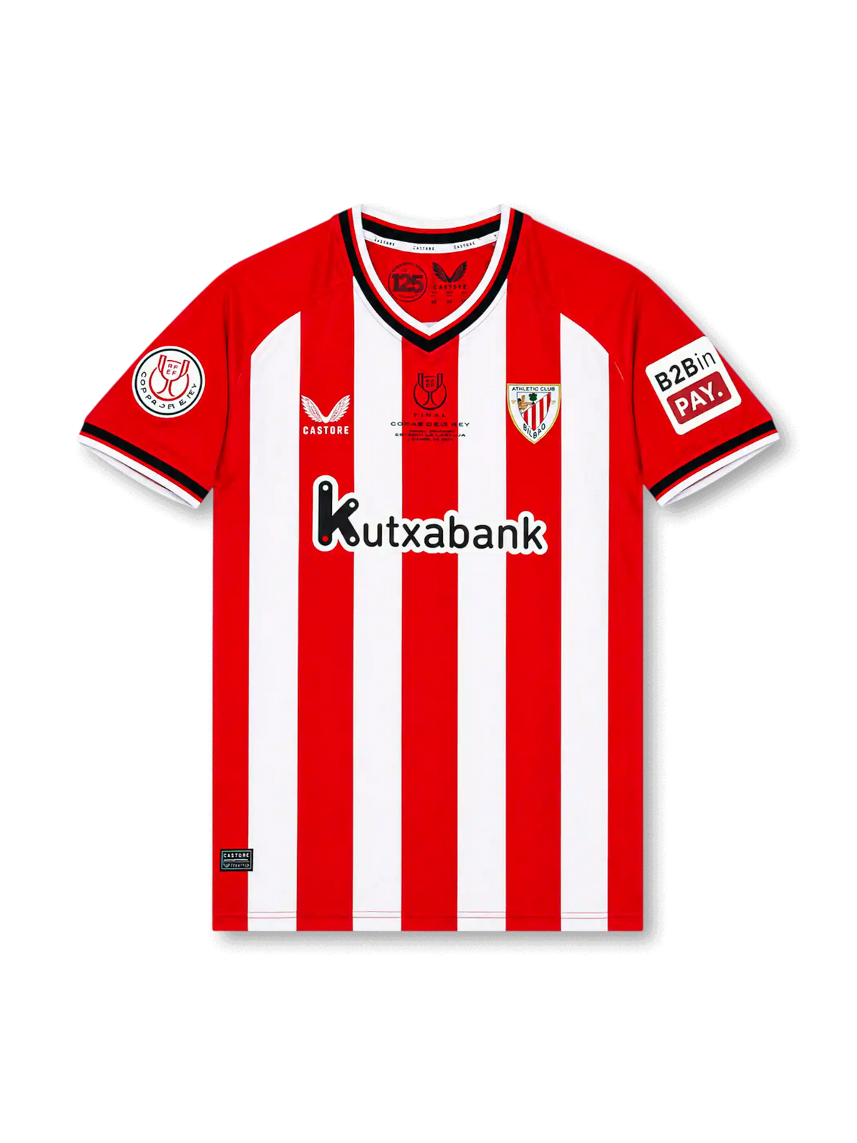 Front view of Athletic Club 2023-24 home shirt with red and white stripes, club crest, Kutxabank sponsor, Copa del Rey sleeve patch, and commemorative chest detail.