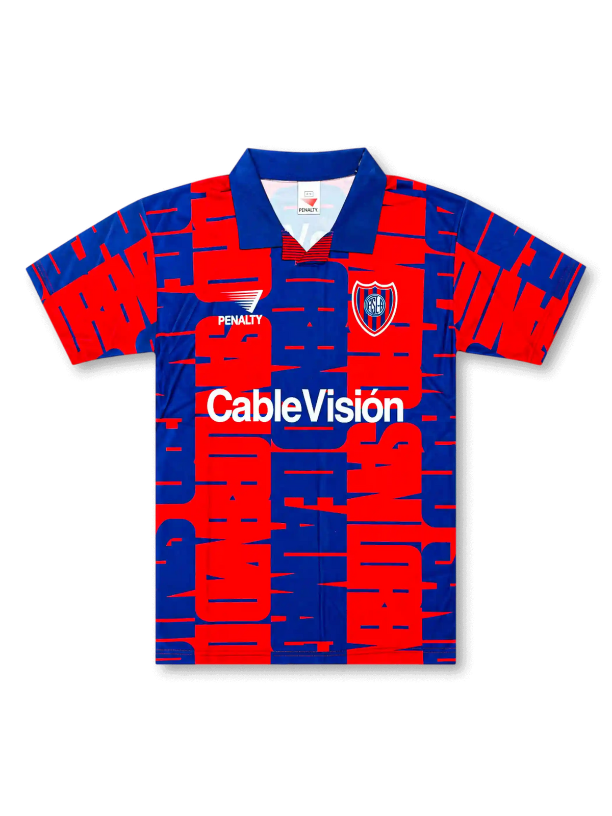 Front view of San Lorenzo 1990s graphic shirt with red and blue all-over pattern, club crest, Penalty logo, CableVisión sponsor, and blue fold collar.