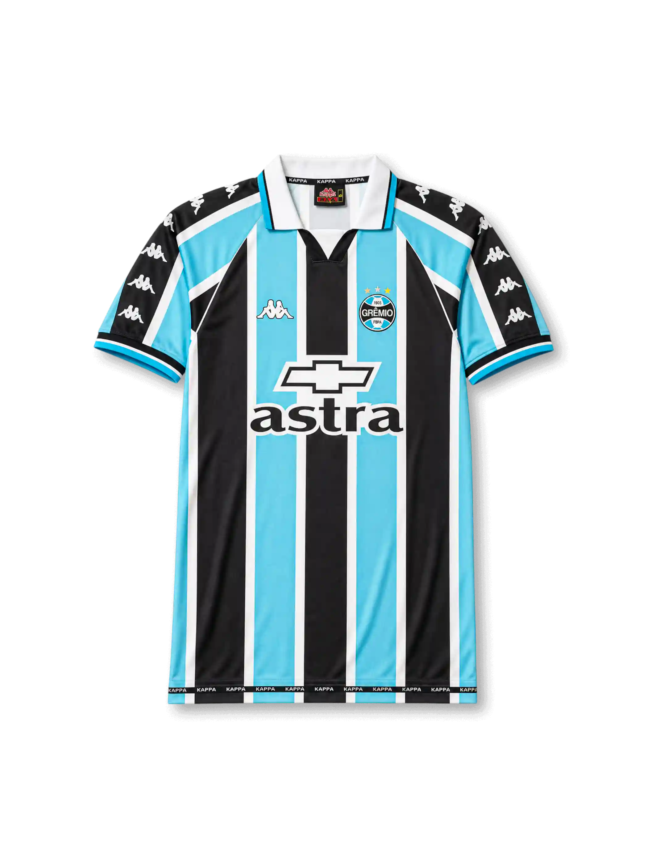 Front view of Grêmio 2000 home shirt with black, sky blue, and white vertical stripes, club crest, Astra sponsor, Chevrolet logo, and white fold collar.