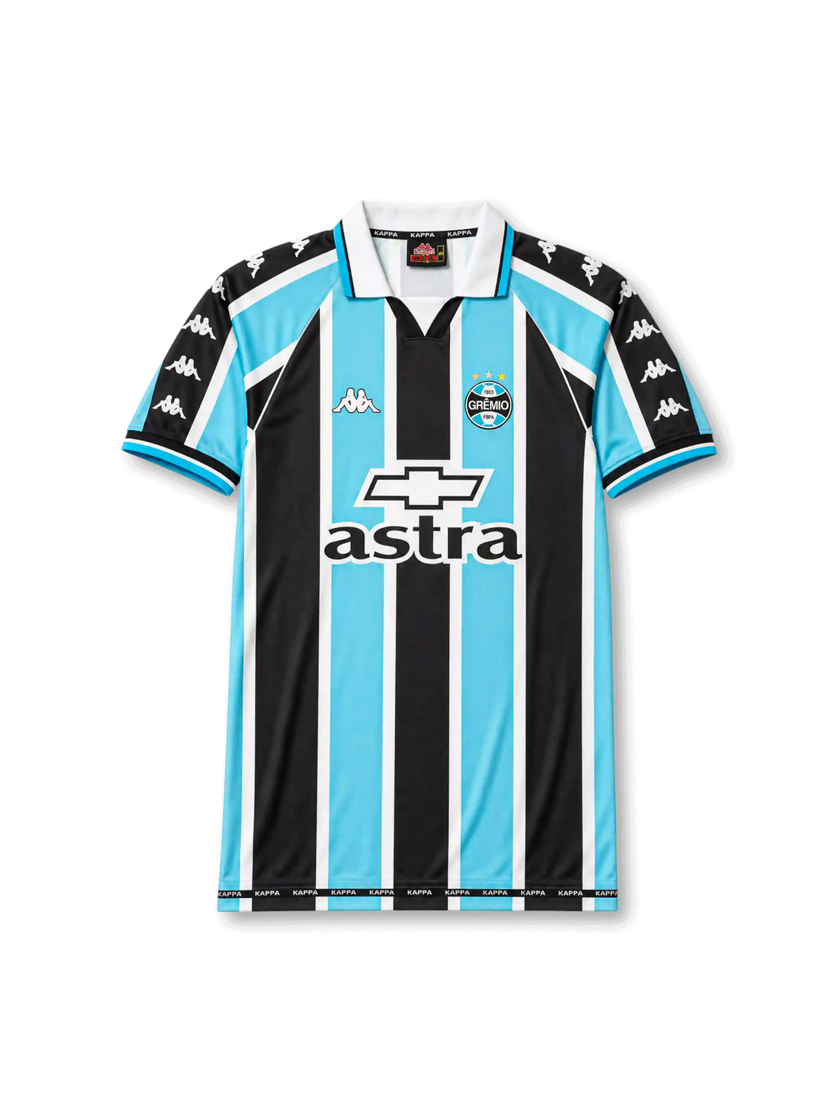 Front view of Grêmio 2000 home shirt with black, sky blue, and white vertical stripes, club crest, Astra sponsor, Chevrolet logo, and white fold collar.