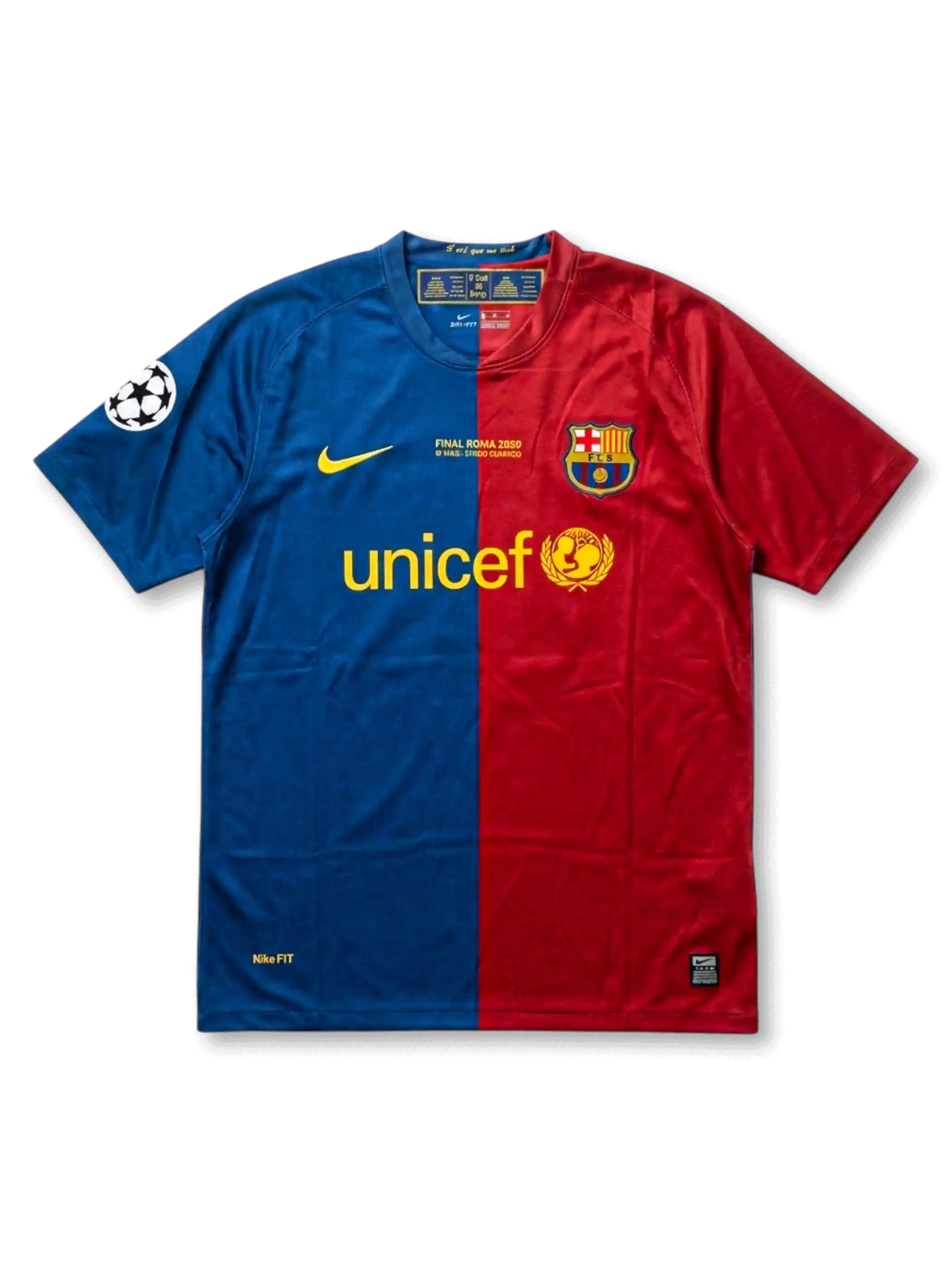Front view of Barcelona 2009 Rome Final shirt with blue and red half-and-half design, club crest, Unicef sponsor, Rome final embroidery, and Champions League sleeve patch.