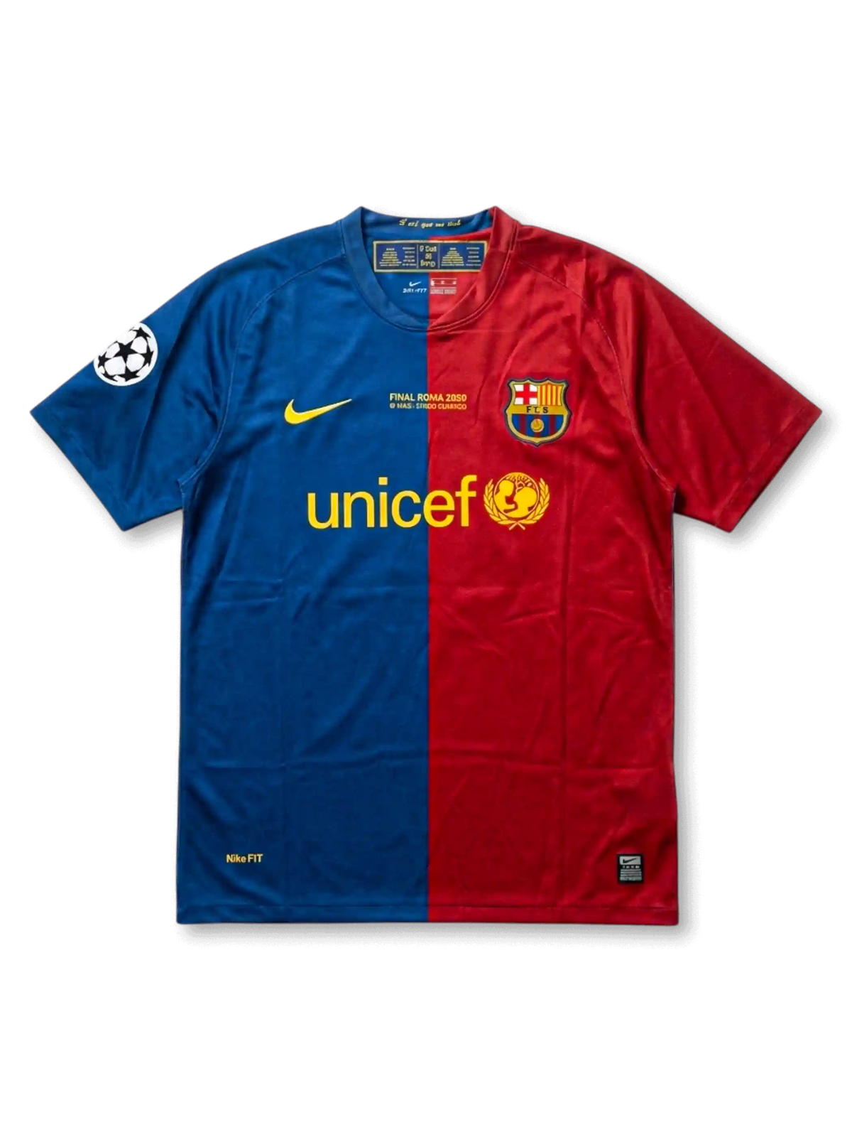 Front view of Barcelona 2009 Rome Final shirt with blue and red half-and-half design, club crest, Unicef sponsor, Rome final embroidery, and Champions League sleeve patch.
