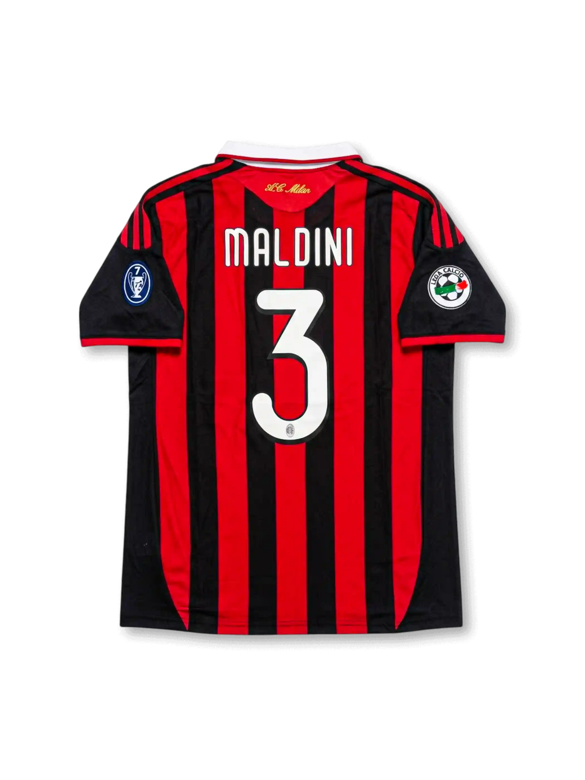 Back view of AC Milan Maldini #3 legacy edition shirt with Maldini name and #3 printing, red and black striped design, gold AC Milan neck detail, and sleeve patches.