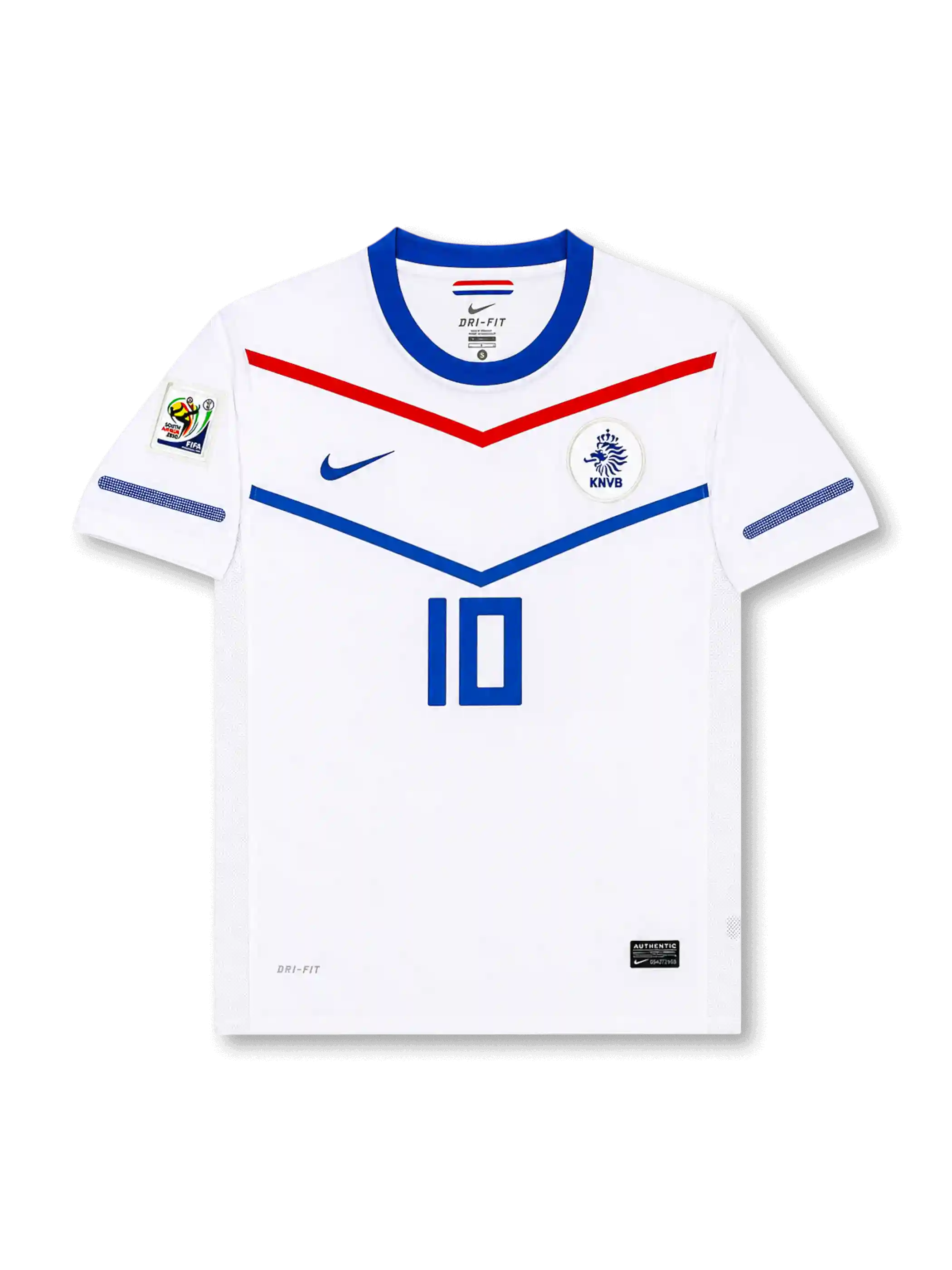 Front view of Netherlands 2010 World Cup away shirt with white base, blue collar, red and blue chevron graphics, KNVB crest, central #10 print, and South Africa 2010 sleeve patch.