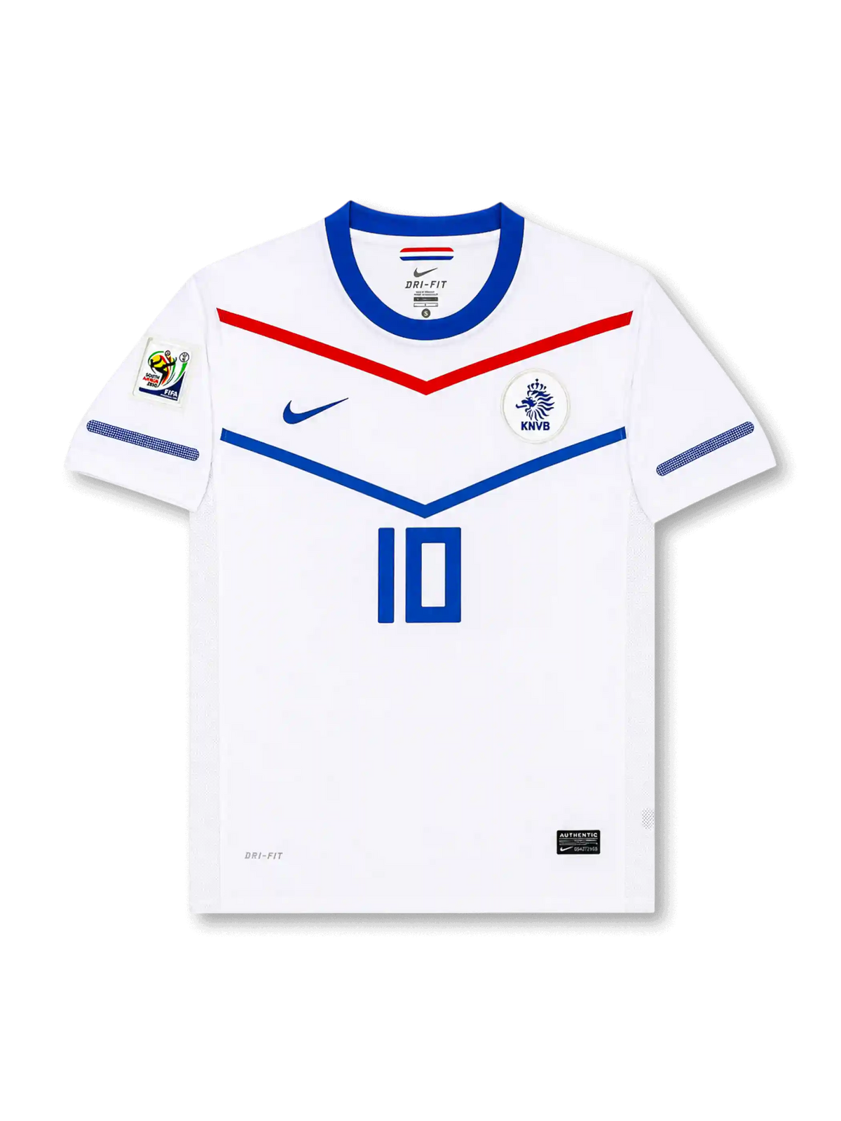 Front view of Netherlands 2010 World Cup away shirt with white base, blue collar, red and blue chevron graphics, KNVB crest, central #10 print, and South Africa 2010 sleeve patch.