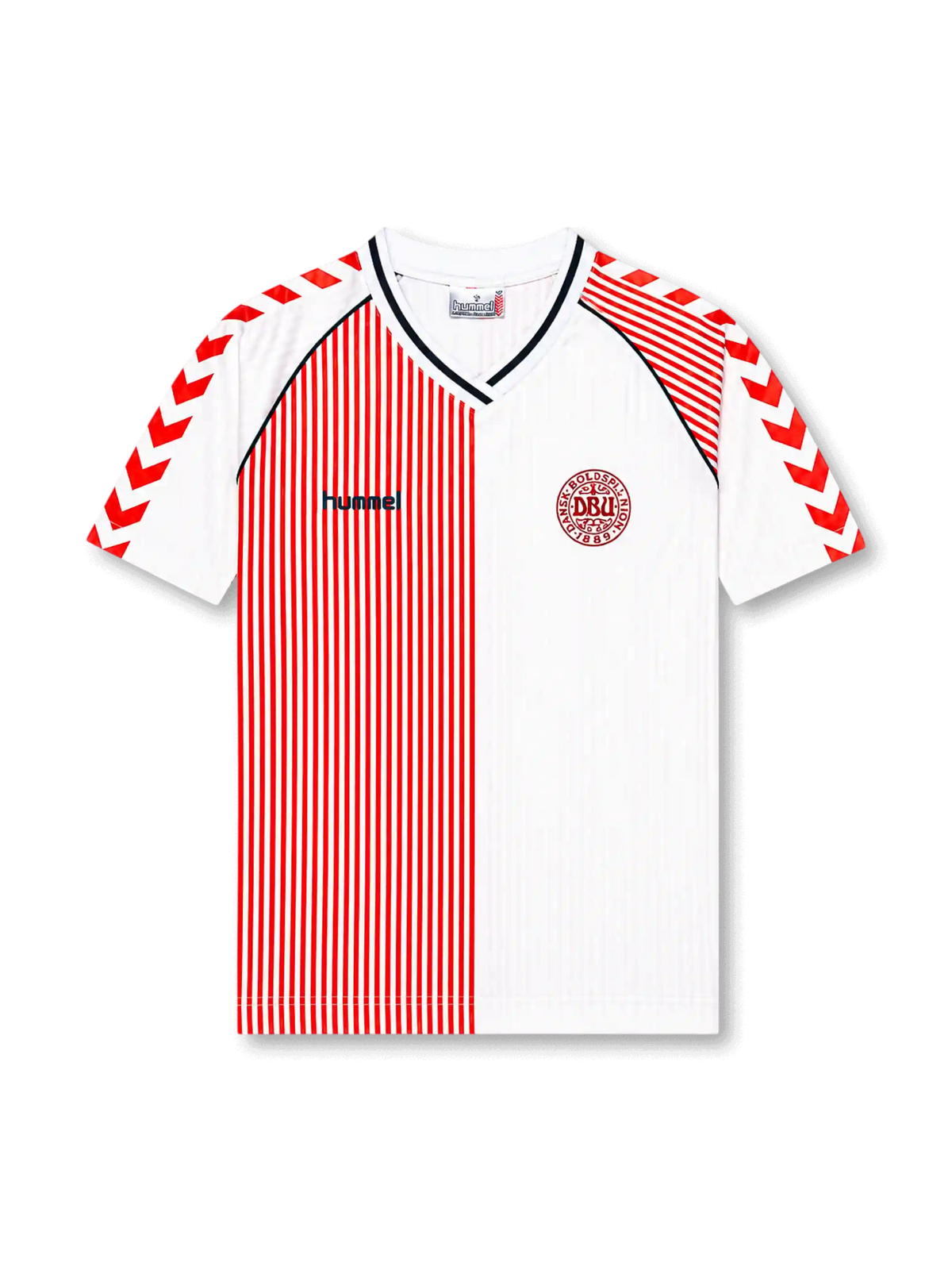 Front view of Denmark 1986 World Cup away shirt with white base, red pinstripe half-panel design, DBU crest, V-neck collar, and red chevron sleeve detailing.