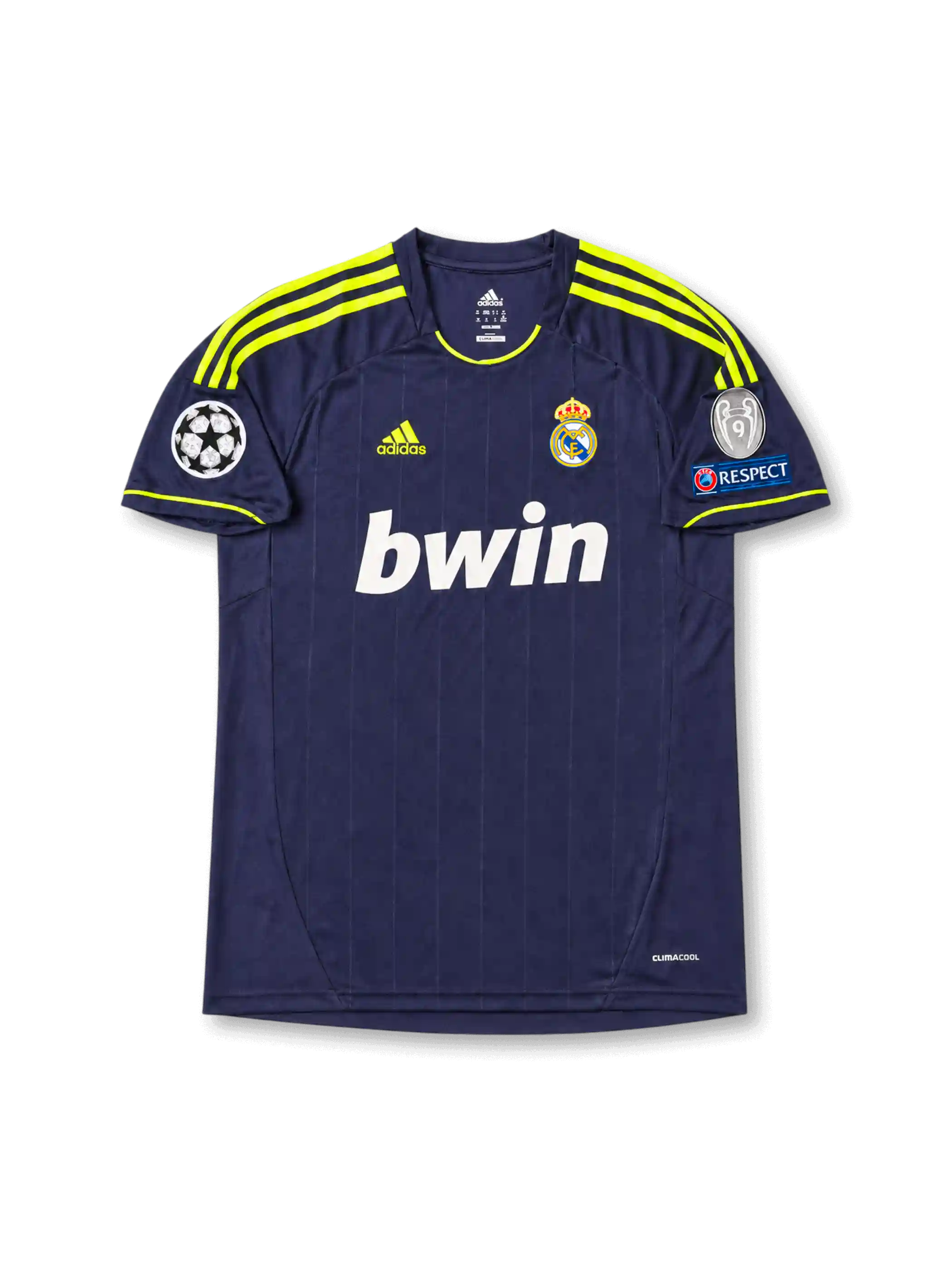 Front view of Real Madrid 2012-13 away shirt with dark navy base, neon yellow shoulder stripes, Real Madrid crest, bwin sponsor, and Champions League sleeve patch detailing.
