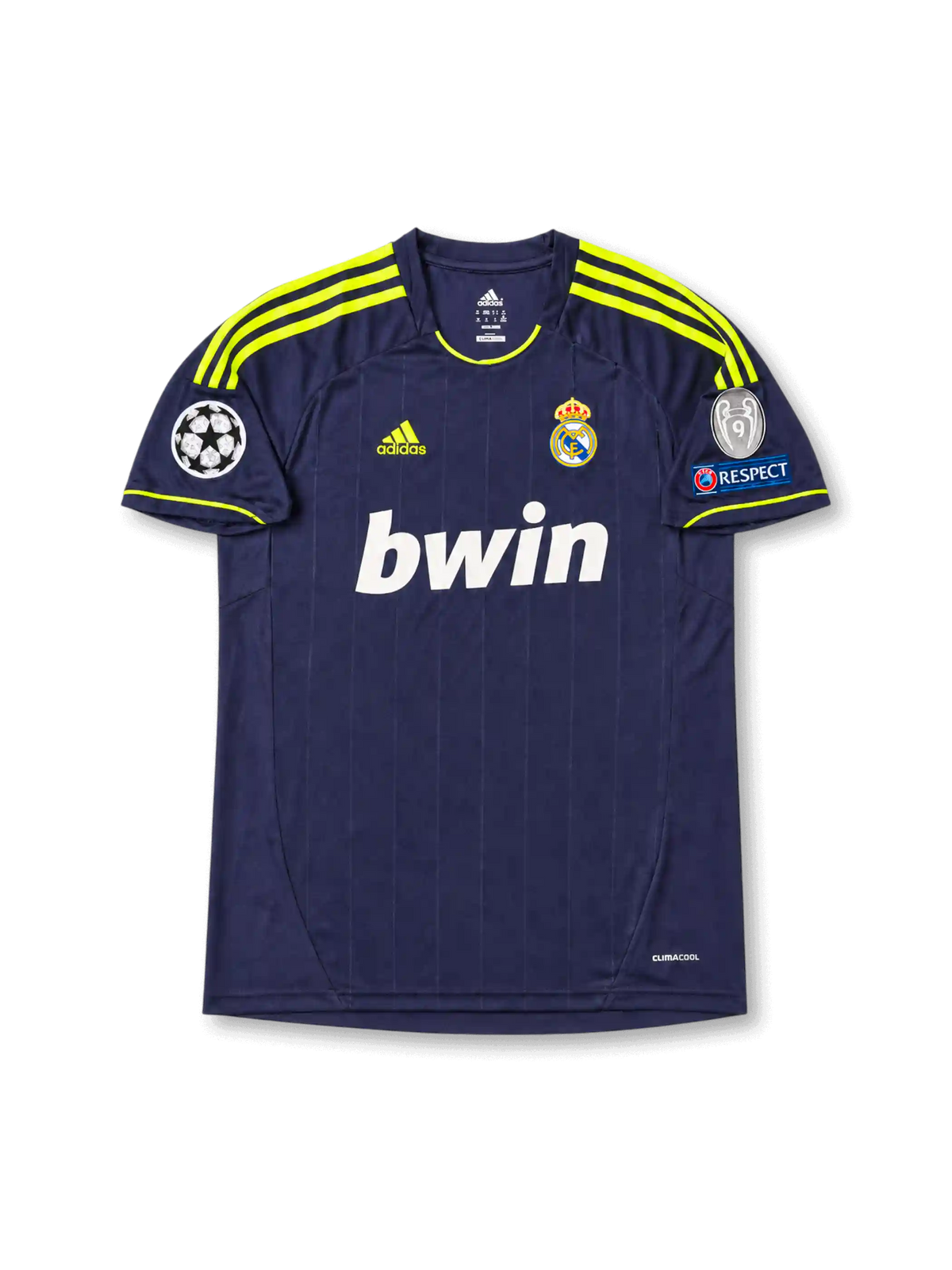 Front view of Real Madrid 2012-13 away shirt with dark navy base, neon yellow shoulder stripes, Real Madrid crest, bwin sponsor, and Champions League sleeve patch detailing.