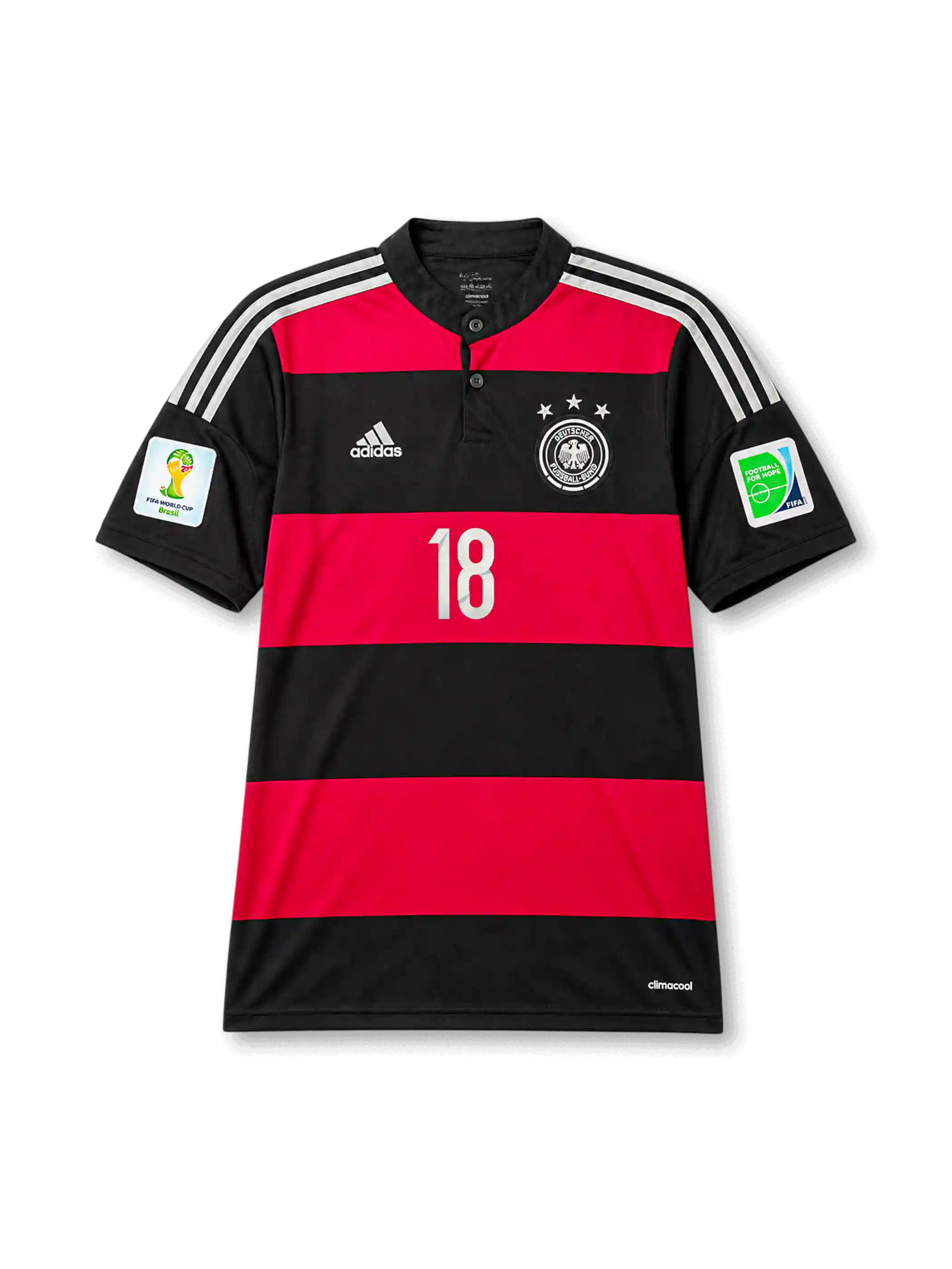 Front view of Germany 2014 World Cup away shirt with black and red hoop design, Germany crest, central #18 print, Brazil 2014 sleeve patch, and Football for Hope patch.