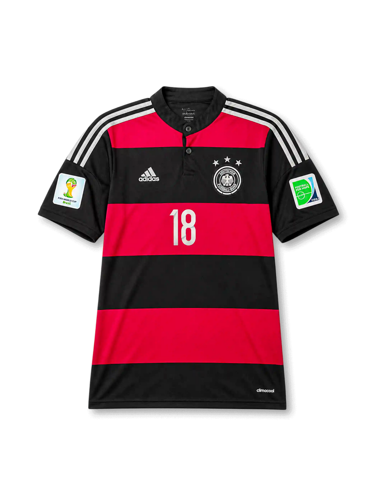Front view of Germany 2014 World Cup away shirt with black and red hoop design, Germany crest, central #18 print, Brazil 2014 sleeve patch, and Football for Hope patch.