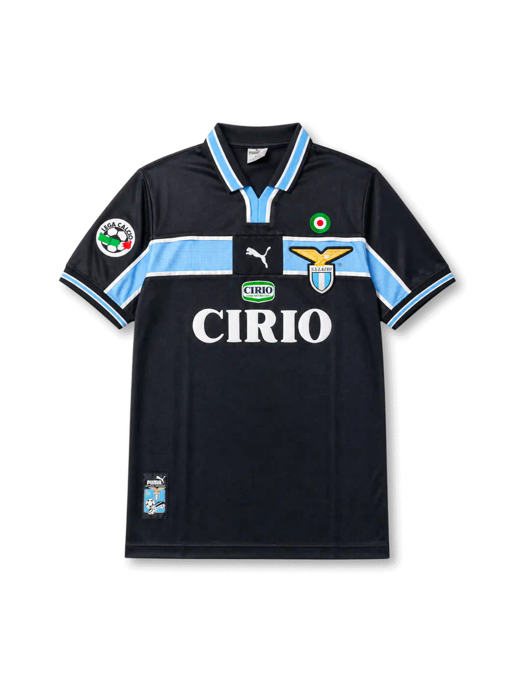 Front view of Lazio 2000-01 away shirt with dark navy-black base, sky blue chest band, Lazio crest, CIRIO sponsor, Scudetto badge, and Lega Calcio sleeve patch.