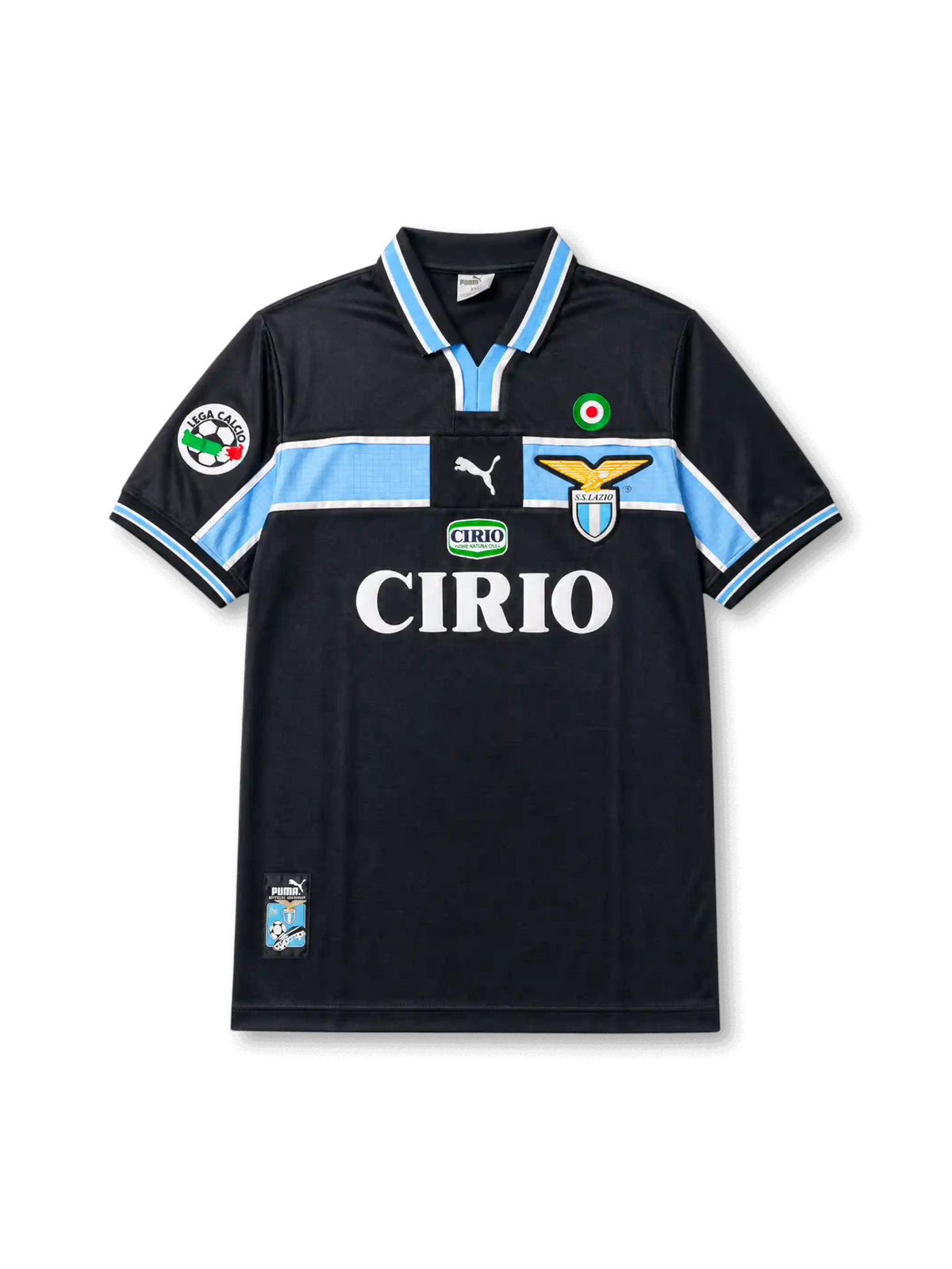 Front view of Lazio 2000-01 away shirt with dark navy-black base, sky blue chest band, Lazio crest, CIRIO sponsor, Scudetto badge, and Lega Calcio sleeve patch.
