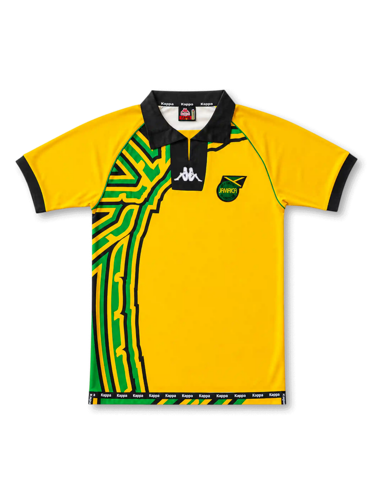Front view of Jamaica 1998 World Cup home shirt with yellow base, black collar, Jamaica crest, green and black side graphic, and black sleeve cuffs.