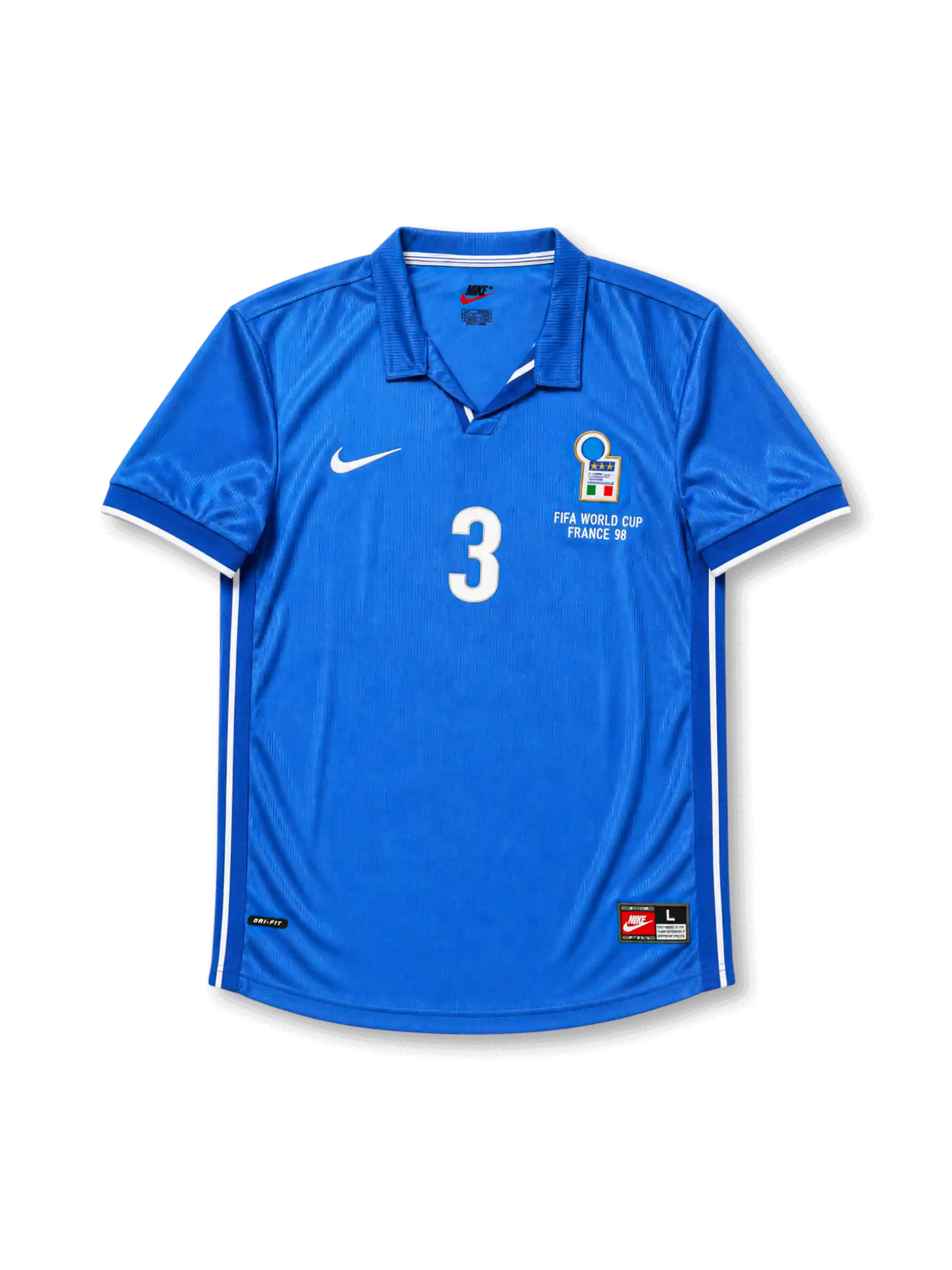 Front view of Italy 1998 World Cup home shirt with blue base, Italy crest, central #3 print, France 98 tournament detail, white sleeve trim, and polo-style collar.