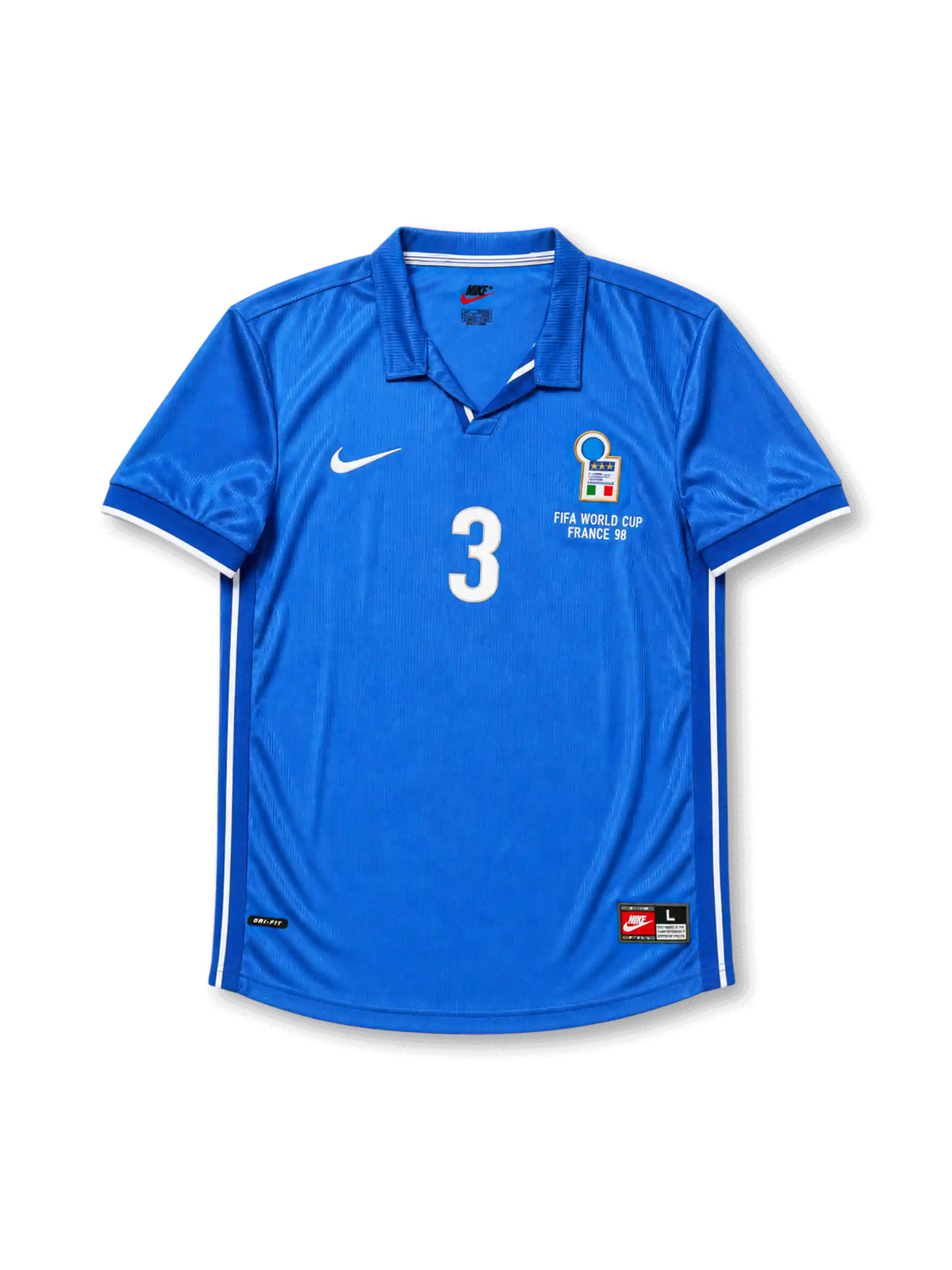 Front view of Italy 1998 World Cup home shirt with blue base, Italy crest, central #3 print, France 98 tournament detail, white sleeve trim, and polo-style collar.