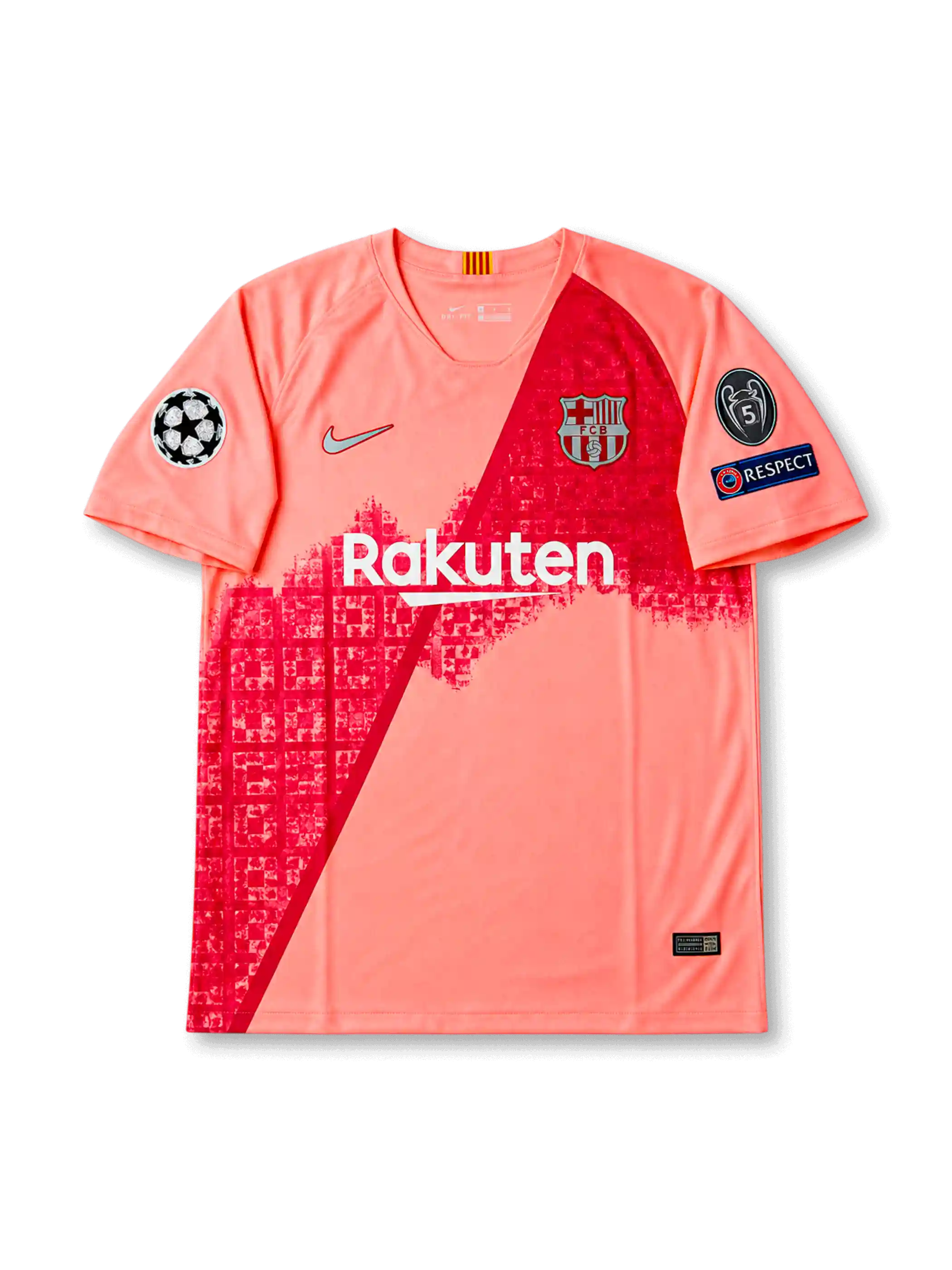 Front view of Barcelona 2018-19 third shirt with coral pink base, red diagonal graphic, Barcelona crest, Rakuten sponsor, and Champions League sleeve patches.