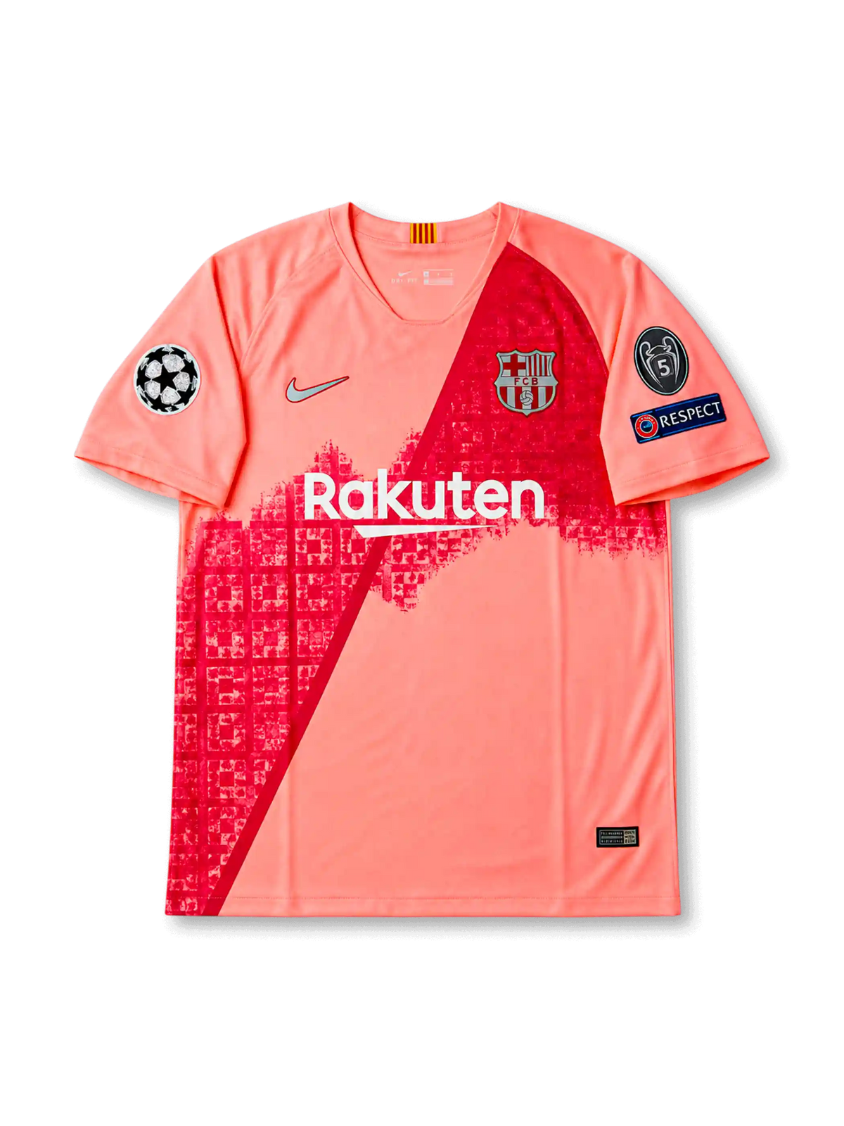 Front view of Barcelona 2018-19 third shirt with coral pink base, red diagonal graphic, Barcelona crest, Rakuten sponsor, and Champions League sleeve patches.