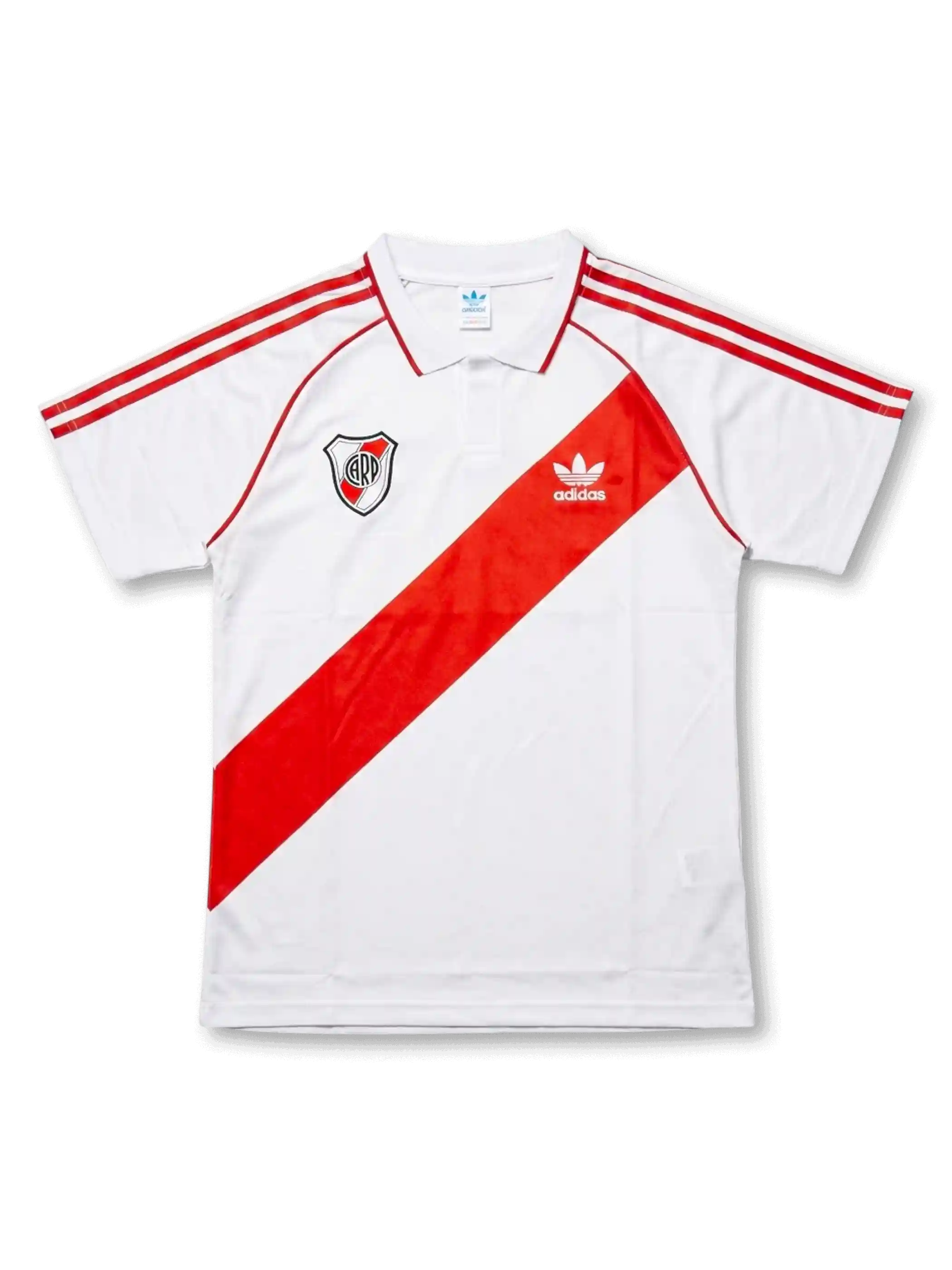 Front view of River Plate retro sash polo shirt with white base, red diagonal sash, club crest, red shoulder stripes, and structured polo collar.