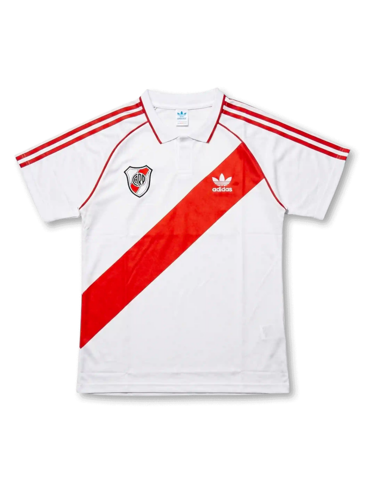 Front view of River Plate retro sash polo shirt with white base, red diagonal sash, club crest, red shoulder stripes, and structured polo collar.