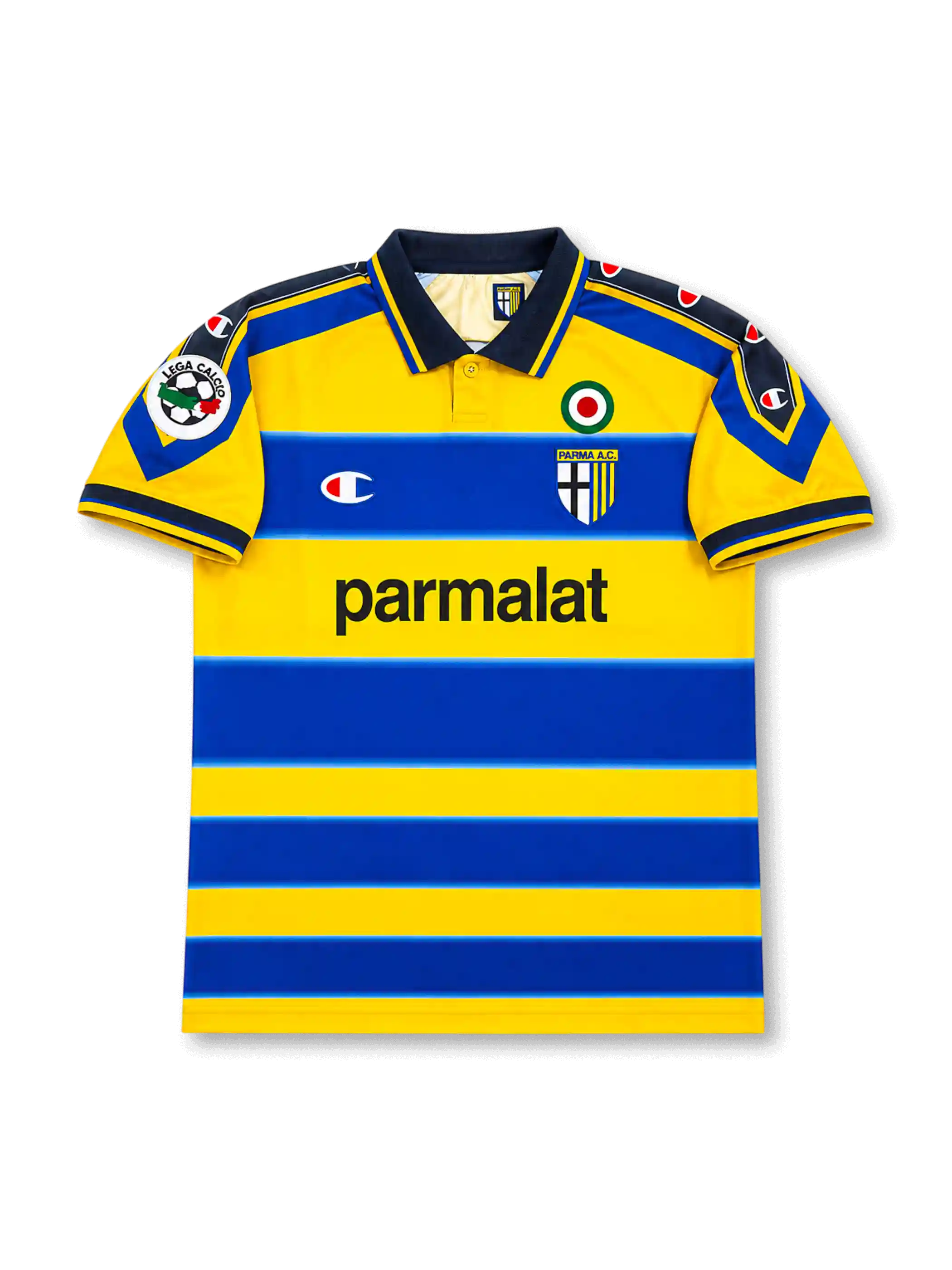 Front view of Parma 1999-00 home shirt with yellow and blue hoops, Parma crest, Parmalat sponsor, Scudetto badge, dark collar, and Lega Calcio sleeve patch.