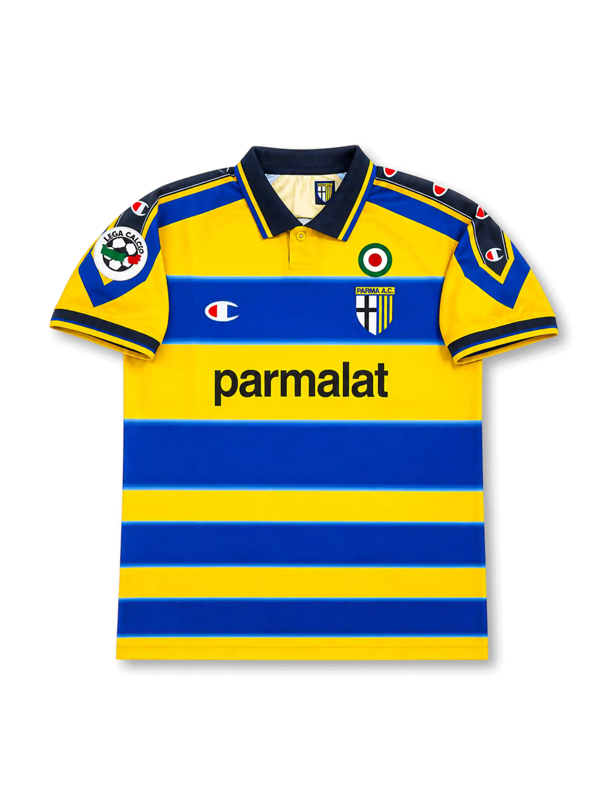 Front view of Parma 1999-00 home shirt with yellow and blue hoops, Parma crest, Parmalat sponsor, Scudetto badge, dark collar, and Lega Calcio sleeve patch.
