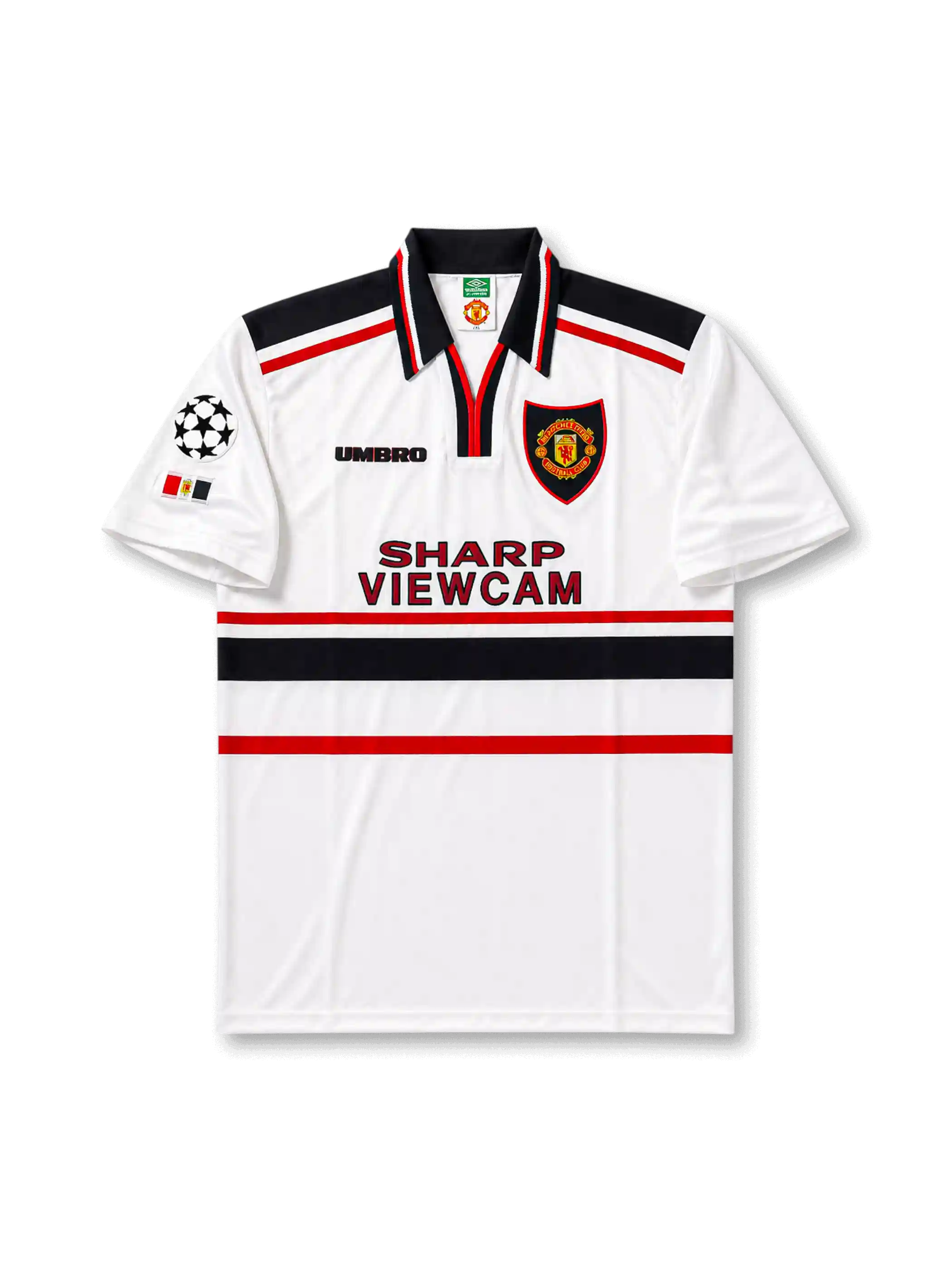 Front view of Manchester United 1997-99 away shirt with white base, black collar, red and black chest stripes, club crest, Sharp Viewcam sponsor, and Champions League sleeve patch.