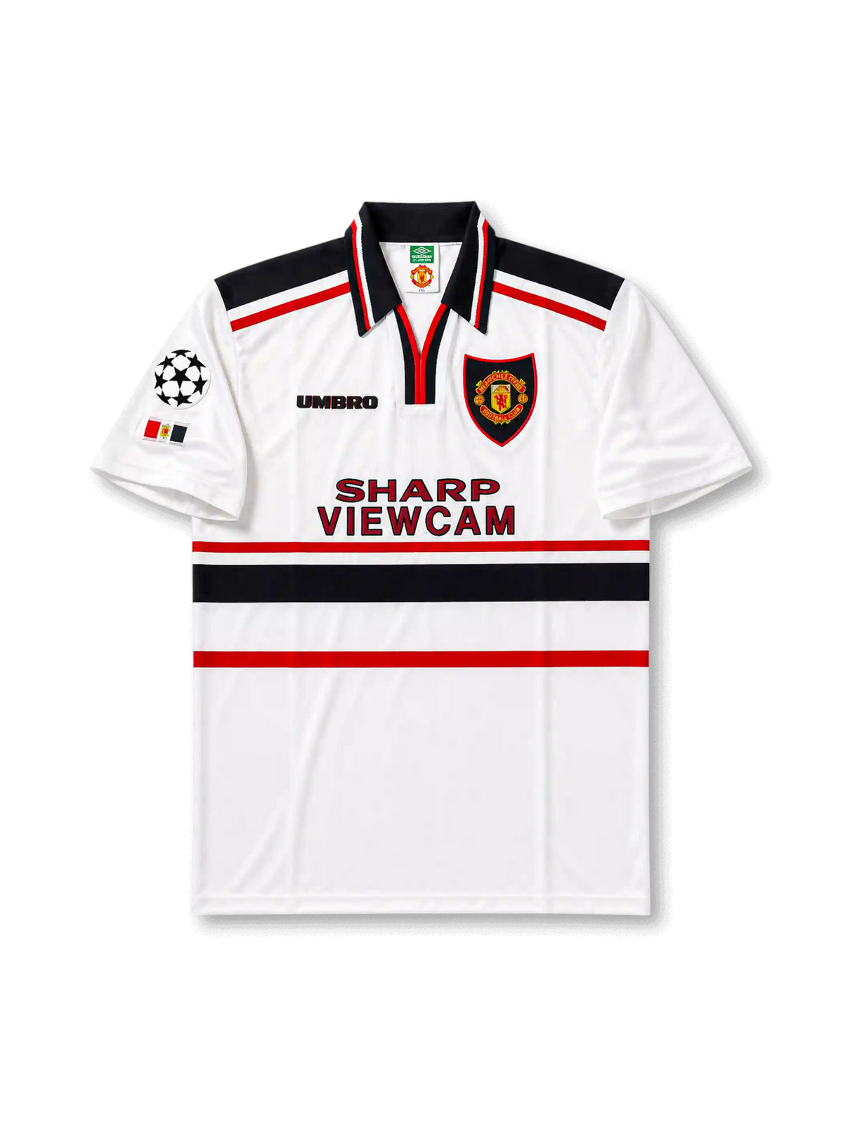 Front view of Manchester United 1997-99 away shirt with white base, black collar, red and black chest stripes, club crest, Sharp Viewcam sponsor, and Champions League sleeve patch.