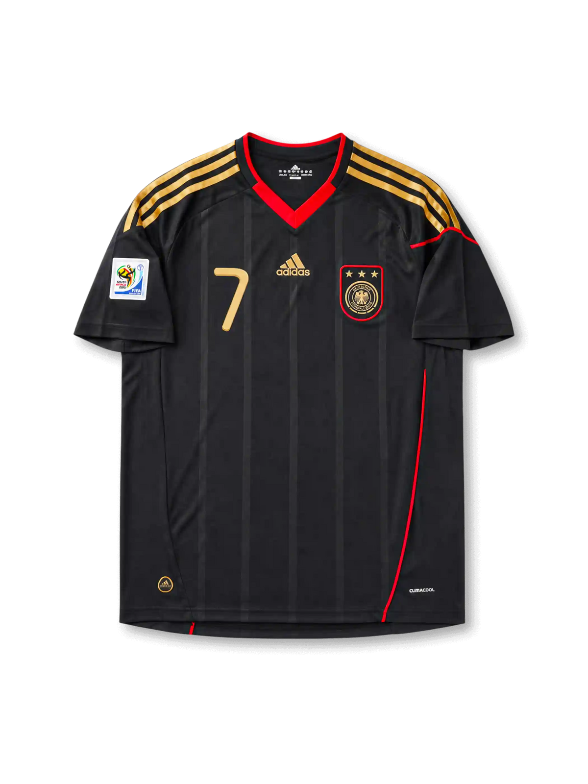 Front view of Germany 2010 World Cup away shirt with black base, gold shoulder stripes, red collar trim, Germany crest, front #7 print, and South Africa 2010 sleeve patch.