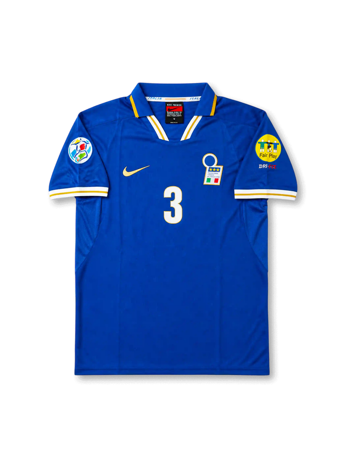 Front view of Italy 1996 home shirt with blue base, Italy crest, central #3 print, fold collar, yellow trim, and tournament sleeve patch detailing.