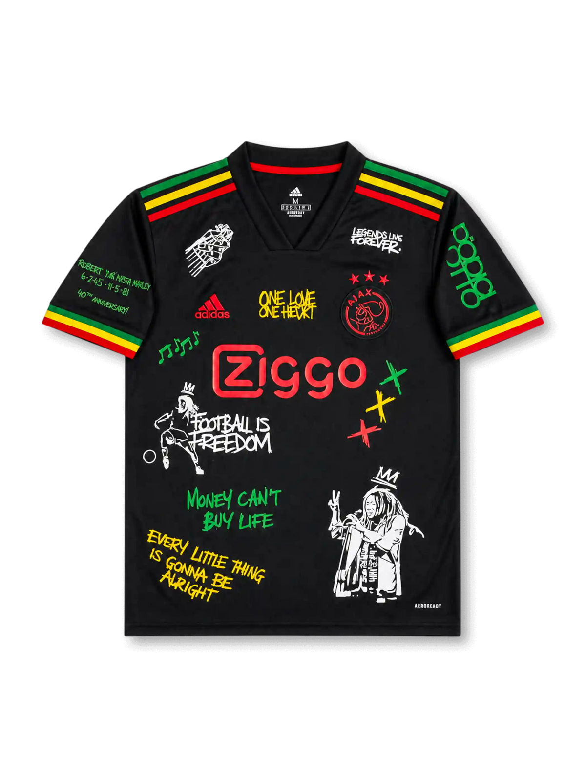 Front view of Ajax 2021-22 Bob Marley special edition shirt with black base, red yellow and green shoulder stripes, Ajax crest, Ziggo sponsor, and reggae-inspired graphic artwork.