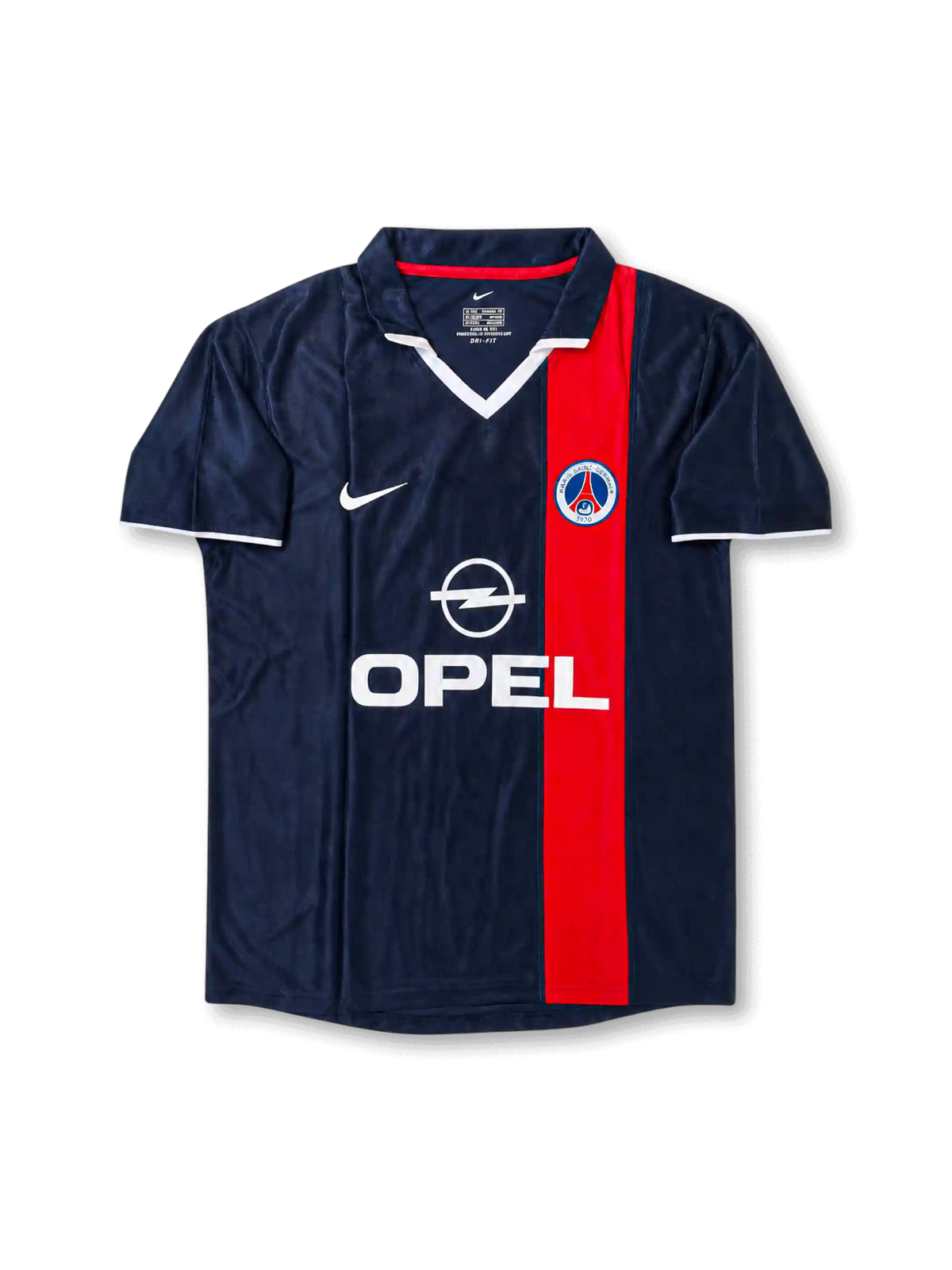 Front view of Paris Saint-Germain 2001-02 home shirt with navy base, red vertical center stripe, PSG crest, Opel sponsor, white collar detail, and short sleeves.