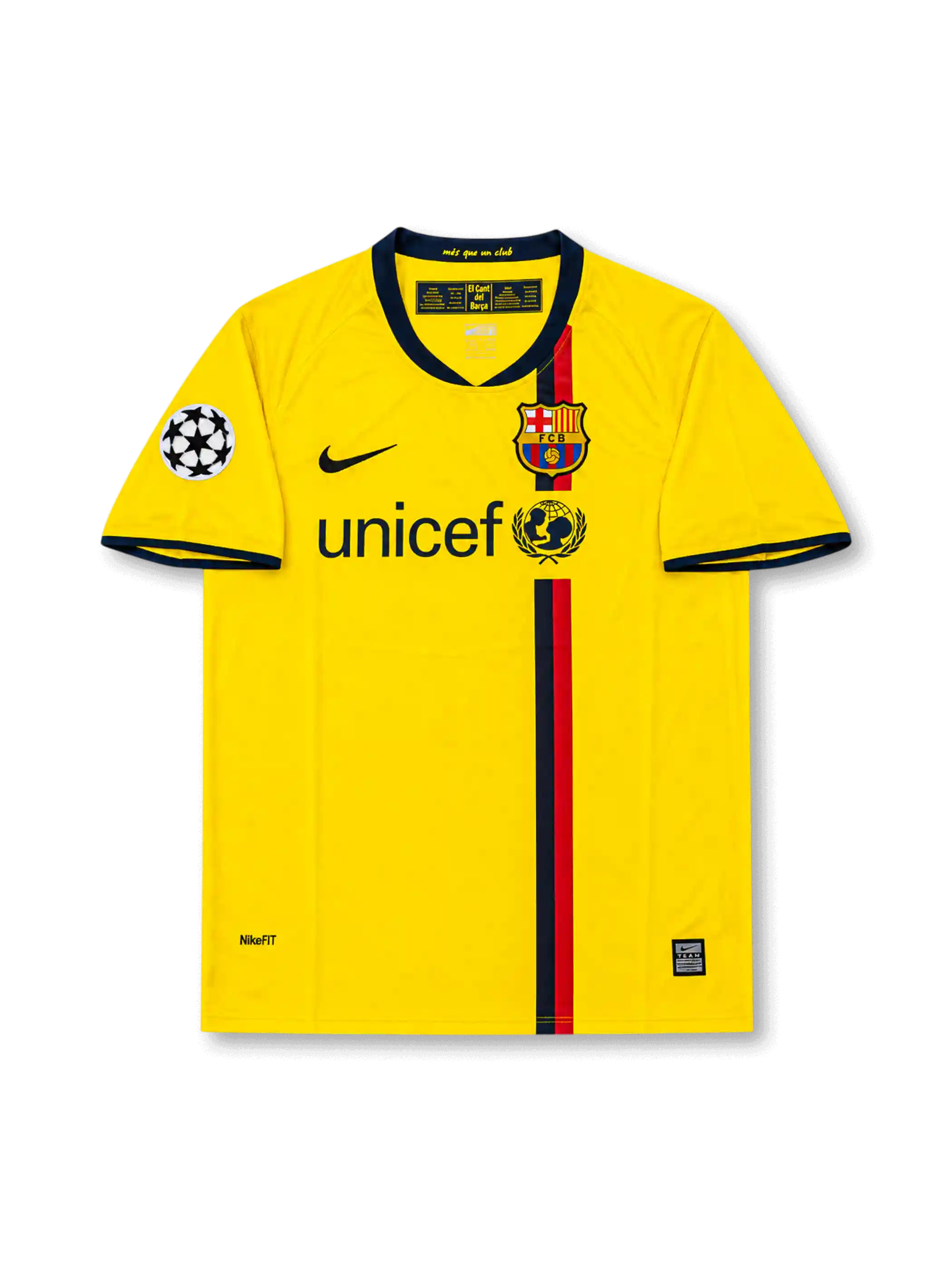 Front view of Barcelona 2008-09 away shirt with yellow body, central red and navy stripe, club crest, UNICEF sponsor, and Champions League sleeve patch.
