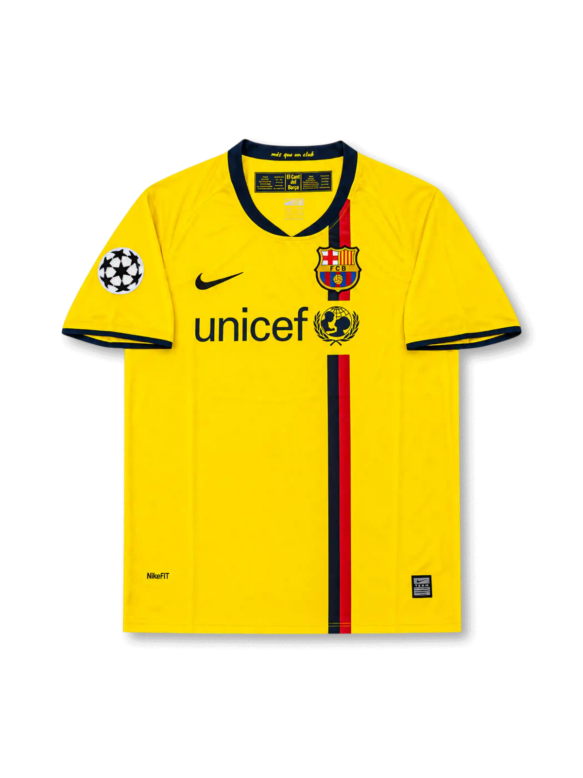 Front view of Barcelona 2008-09 away shirt with yellow body, central red and navy stripe, club crest, UNICEF sponsor, and Champions League sleeve patch.