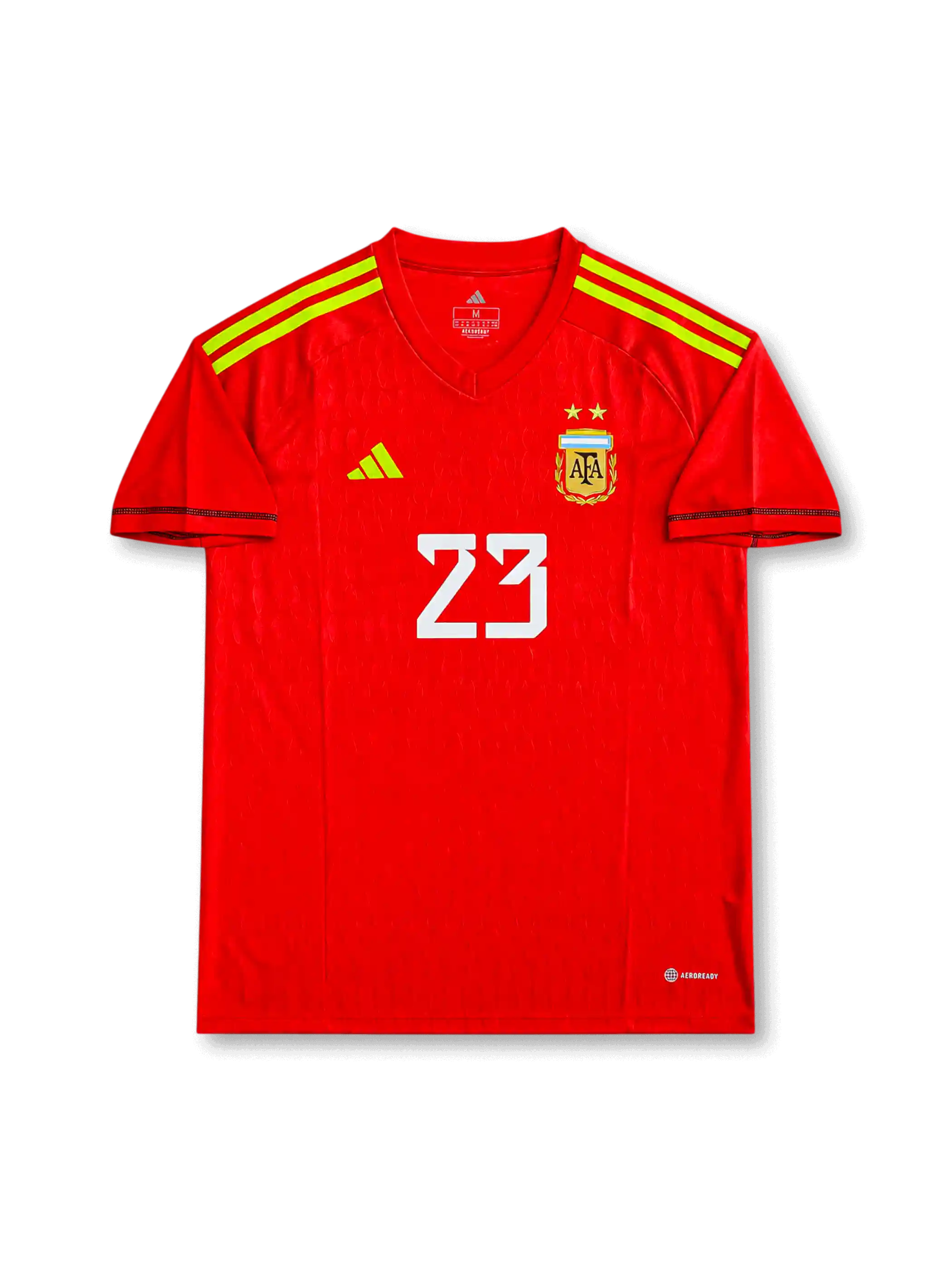 Front view of Argentina 2022 goalkeeper shirt with red body, lime shoulder stripes, Argentina crest, adidas logo, #23 front print, and AEROREADY detail.