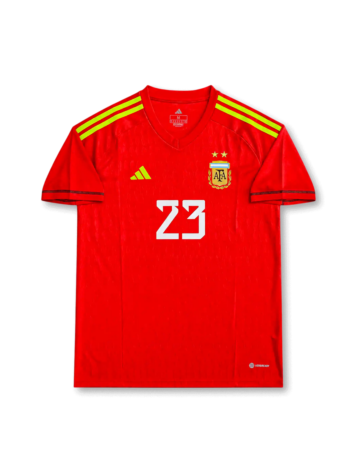 Front view of Argentina 2022 goalkeeper shirt with red body, lime shoulder stripes, Argentina crest, adidas logo, #23 front print, and AEROREADY detail.