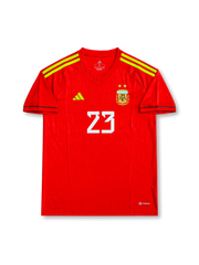 Front view of Argentina 2022 goalkeeper shirt with red body, lime shoulder stripes, Argentina crest, adidas logo, #23 front print, and AEROREADY detail.