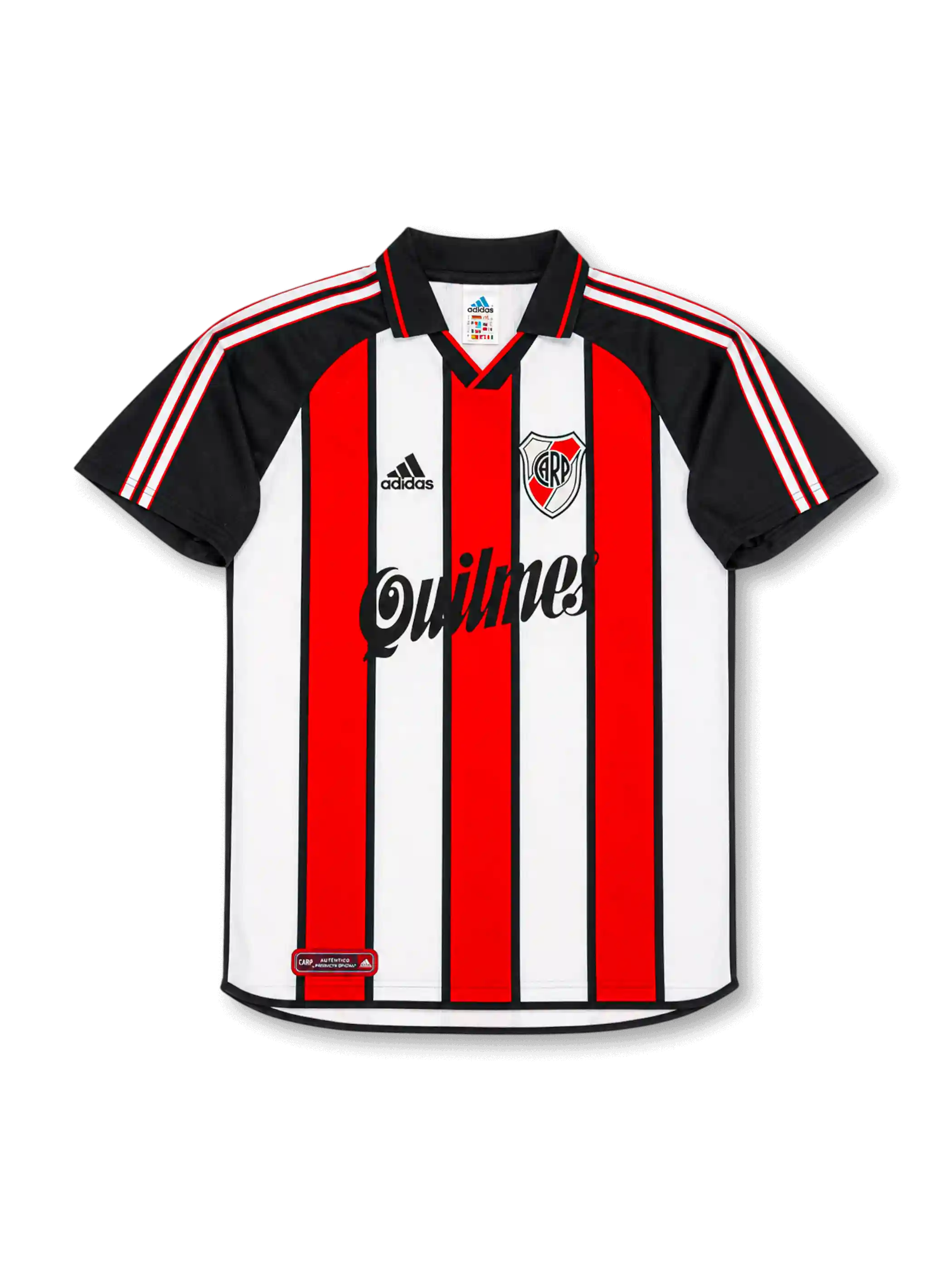 River Plate 2001 tricolor Ortega #10 jersey with red white black vertical stripes, Quilmes sponsor, black collar, and ORTEGA 10 back print