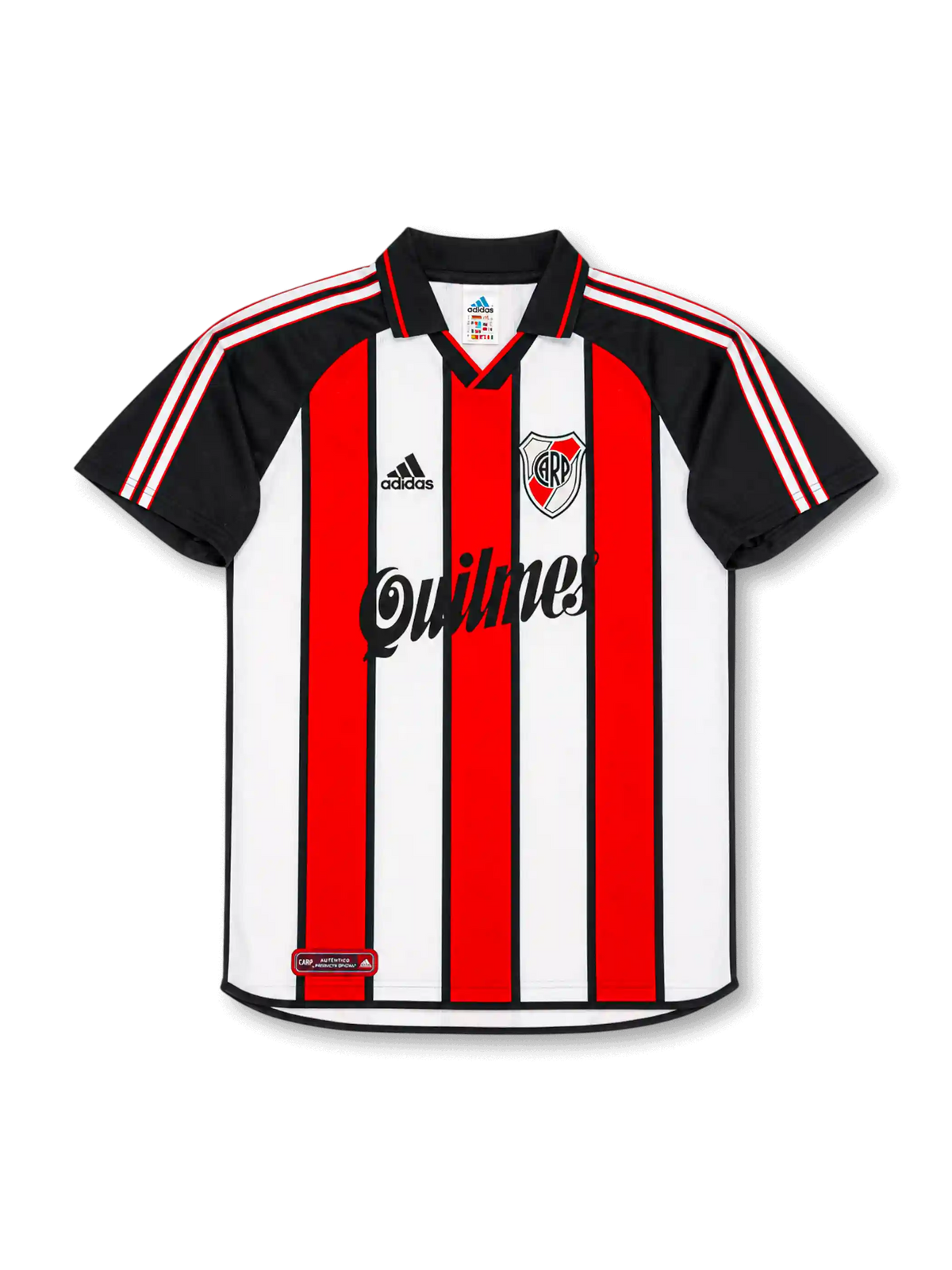 River Plate 2001 tricolor Ortega #10 jersey with red white black vertical stripes, Quilmes sponsor, black collar, and ORTEGA 10 back print