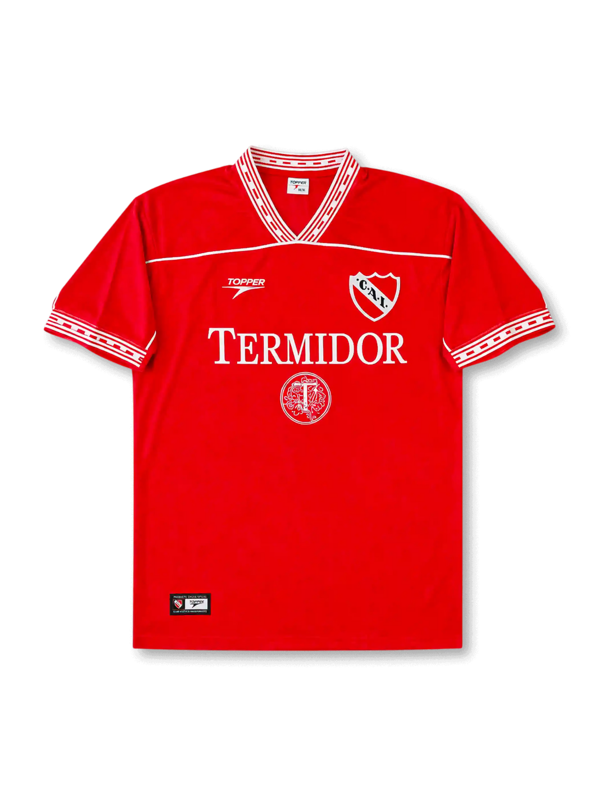Independiente 1990s home #10 jersey with red body, white patterned collar, Termidor sponsor, club crest, Topper logo, and large white number 10 back print