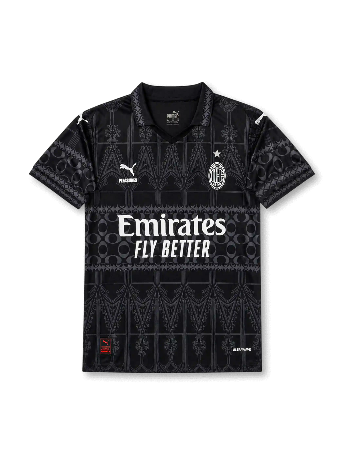 AC Milan special edition black jersey with tonal gothic graphics, polo collar, Puma logos, Emirates Fly Better sponsor, PLEASURES detail, and wefox back sponsor