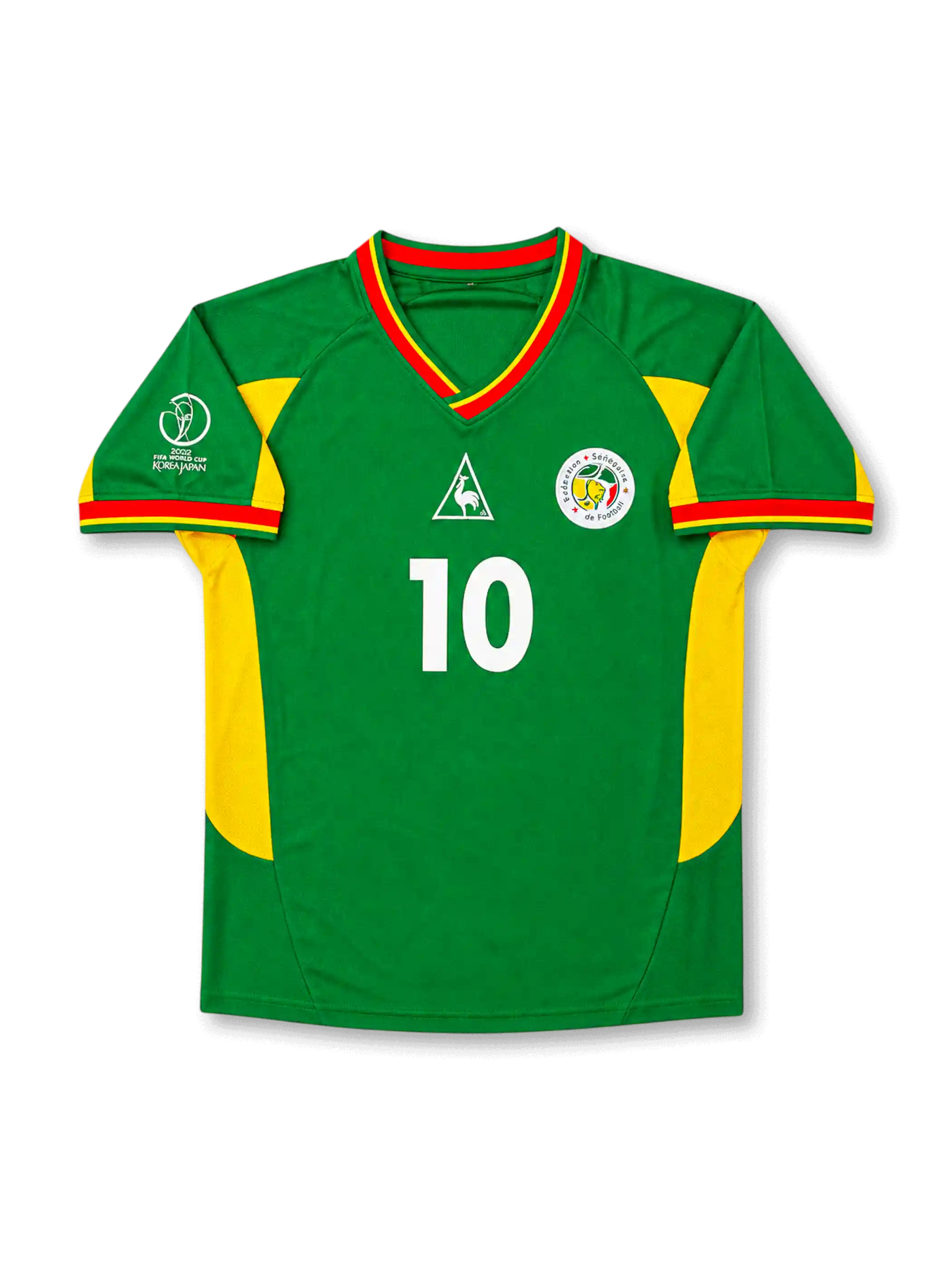 Senegal 2002 World Cup home jersey with green body, yellow side panels, red trim, Khalilou Fadiga #10 back print, and Korea/Japan tournament patch