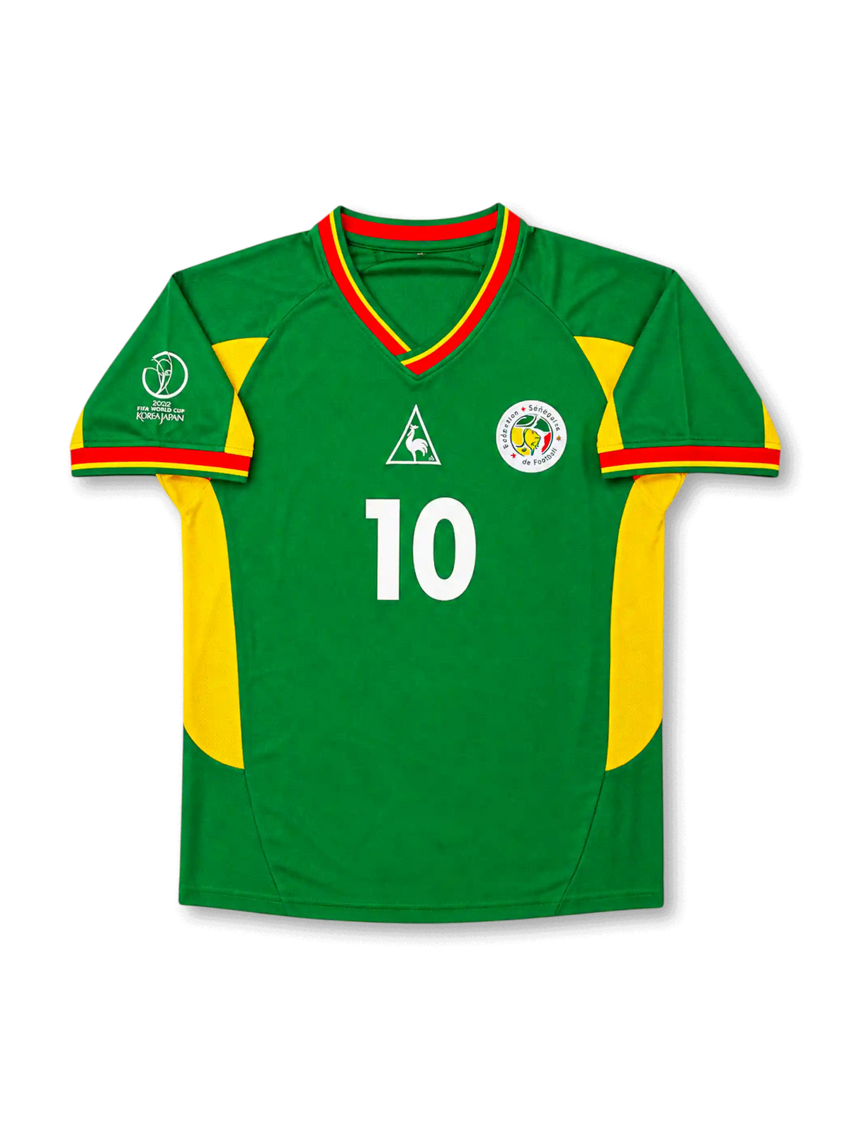 Senegal 2002 World Cup home jersey with green body, yellow side panels, red trim, Khalilou Fadiga #10 back print, and Korea/Japan tournament patch