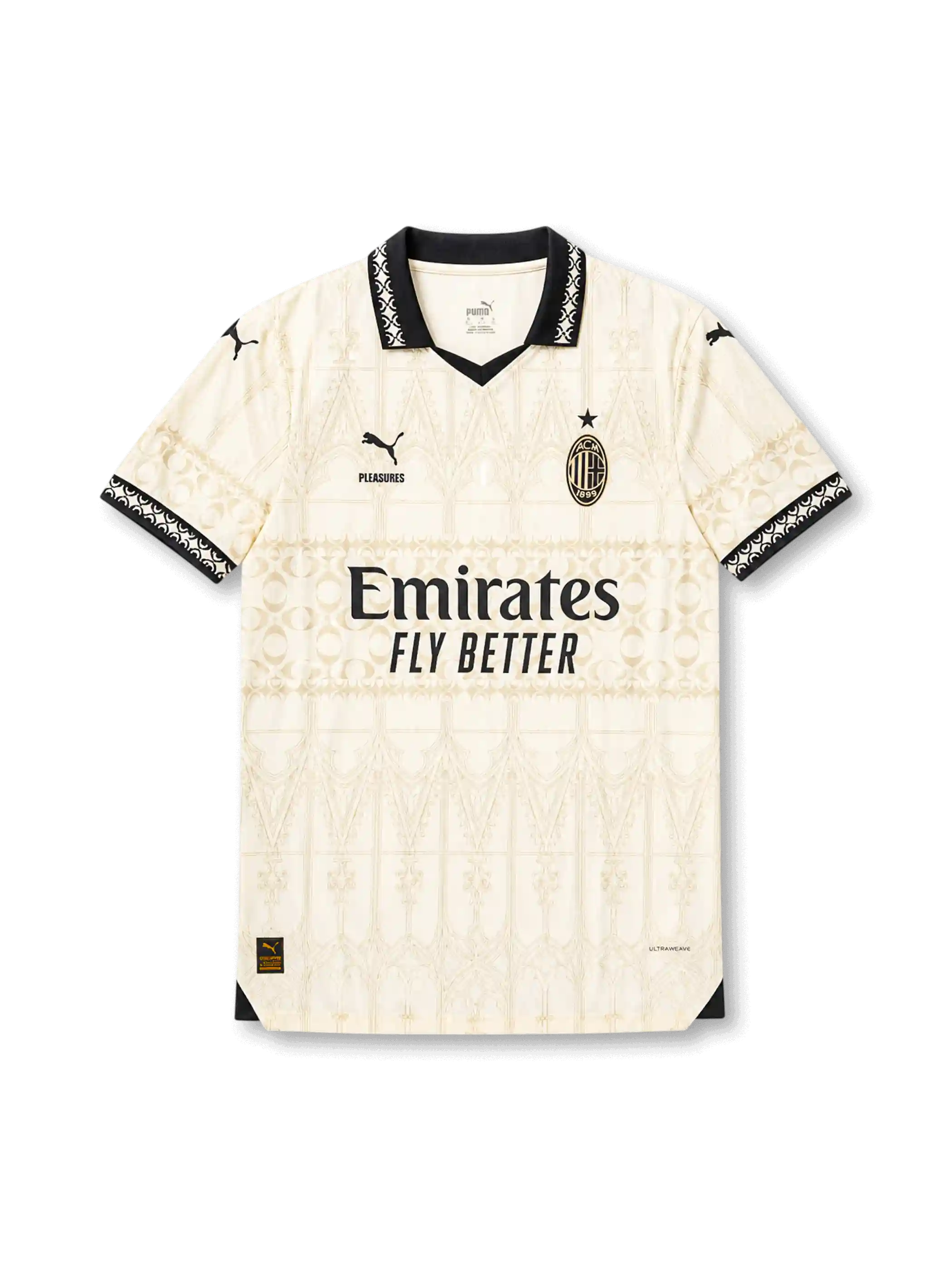 AC Milan special edition ivory jersey with tonal gothic pattern, black collar, Puma logo, PLEASURES detail, Emirates sponsor, and wefox back sponsor