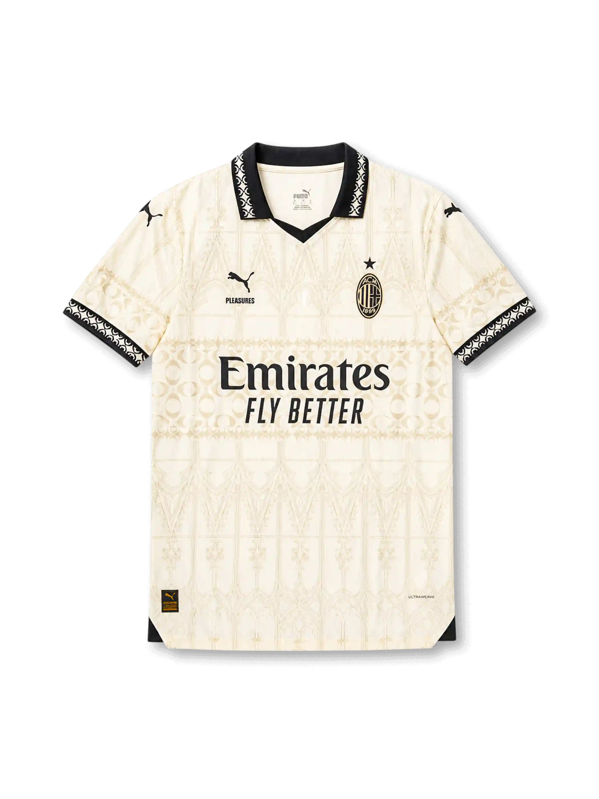 AC Milan special edition ivory jersey with tonal gothic pattern, black collar, Puma logo, PLEASURES detail, Emirates sponsor, and wefox back sponsor