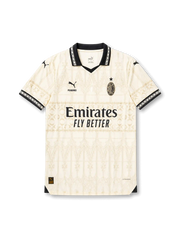 AC Milan special edition ivory jersey with tonal gothic pattern, black collar, Puma logo, PLEASURES detail, Emirates sponsor, and wefox back sponsor