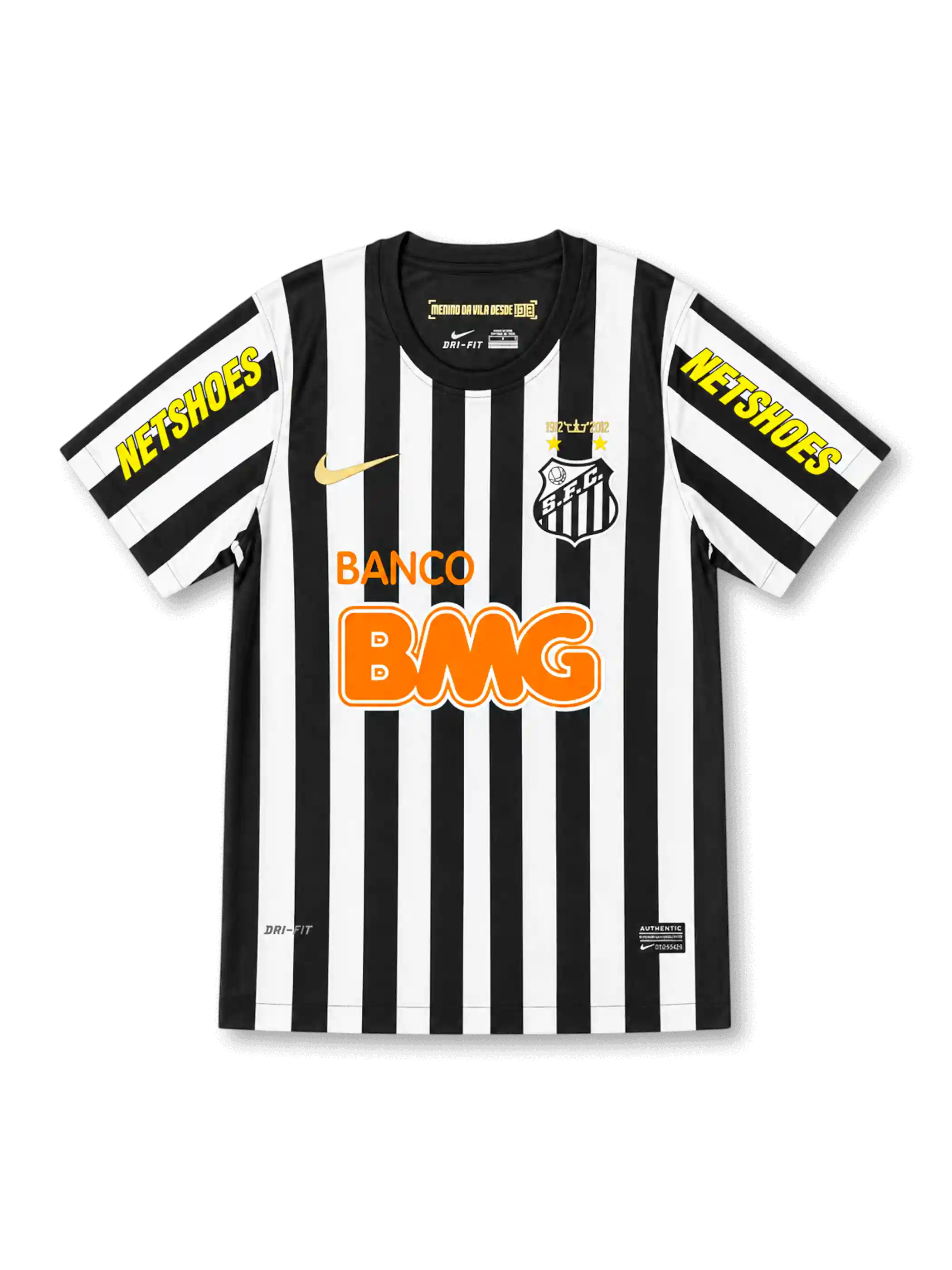 2012 Santos home jersey with black and white stripes, Banco BMG sponsor, NETSHOES sleeve details, and Neymar Jr #11 printing