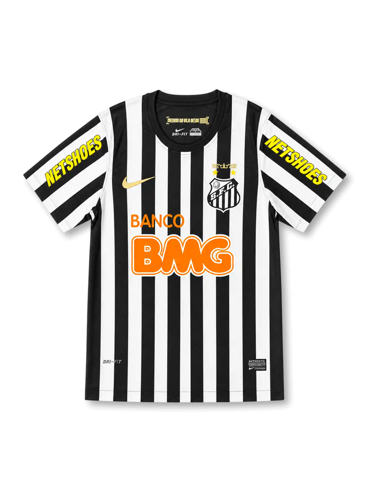 2012 Santos home jersey with black and white stripes, Banco BMG sponsor, NETSHOES sleeve details, and Neymar Jr #11 printing