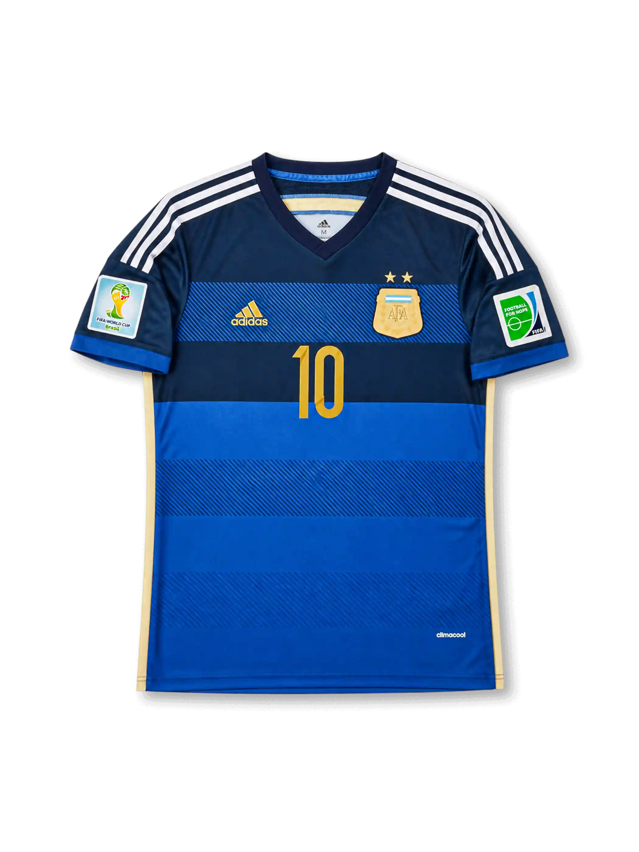 front view of Argentina 2014 World Cup away shirt with blue striped design, gold number 10, national crest, and Brazil 2014 sleeve patches