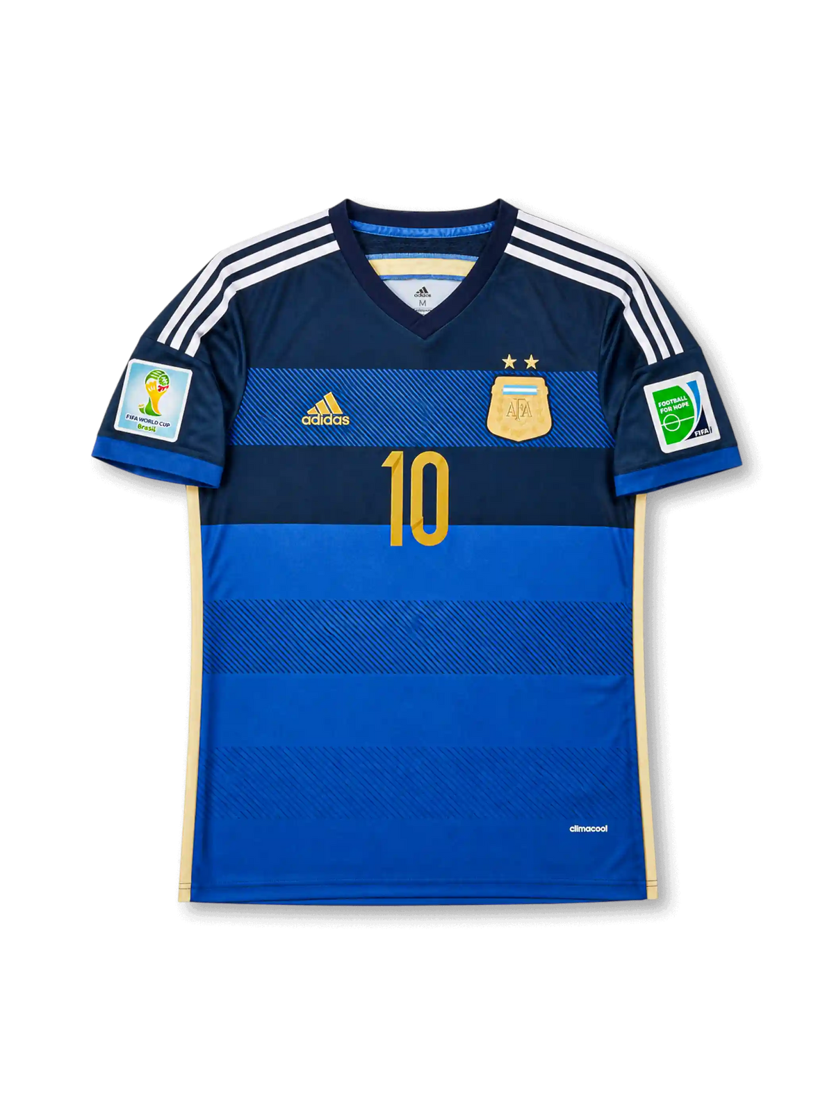 front view of Argentina 2014 World Cup away shirt with blue striped design, gold number 10, national crest, and Brazil 2014 sleeve patches