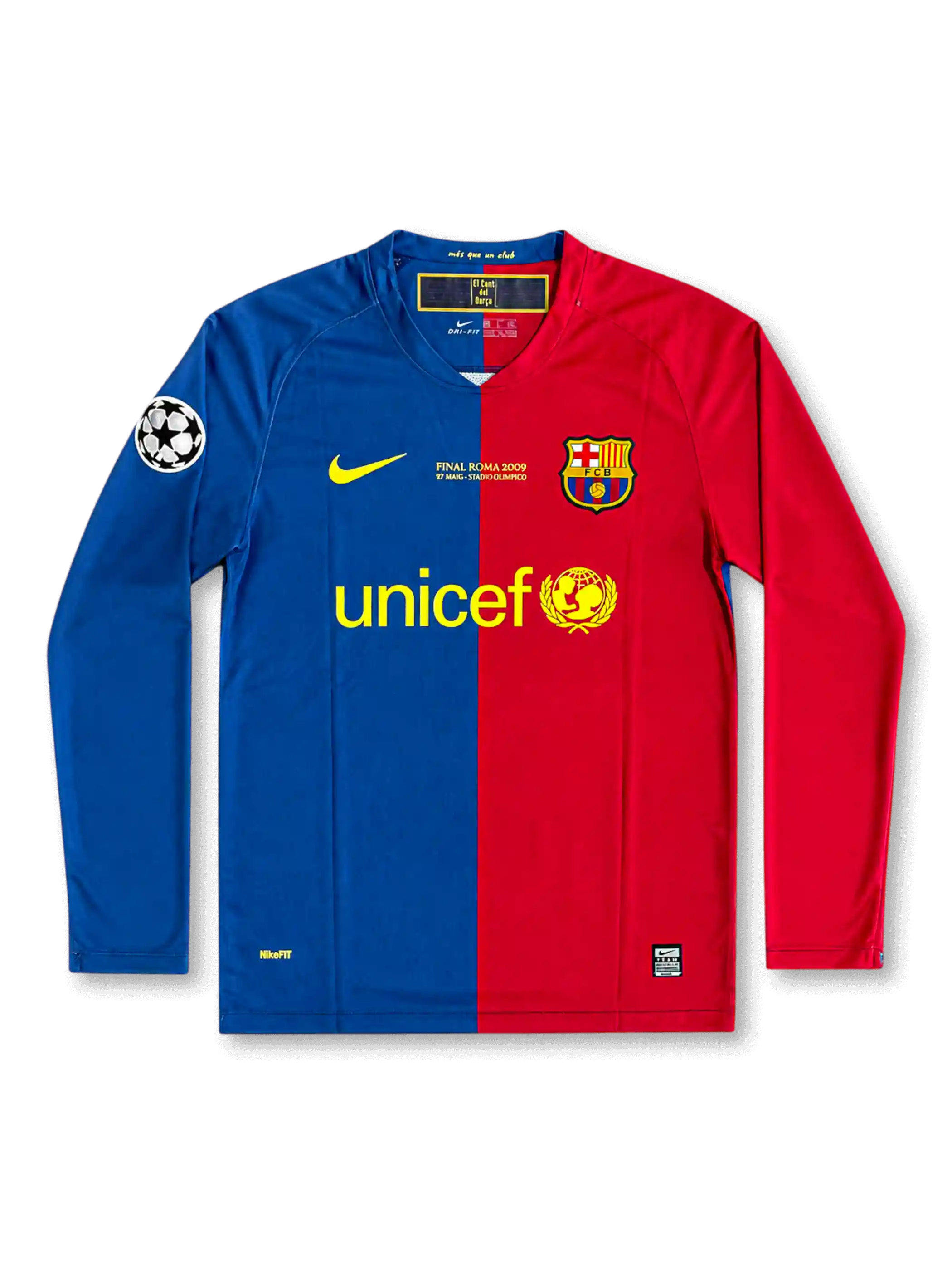 front view of Barcelona 2009 Rome Final home shirt with half blue and red design, UNICEF sponsor, club crest, final embroidery, and Champions League sleeve patch